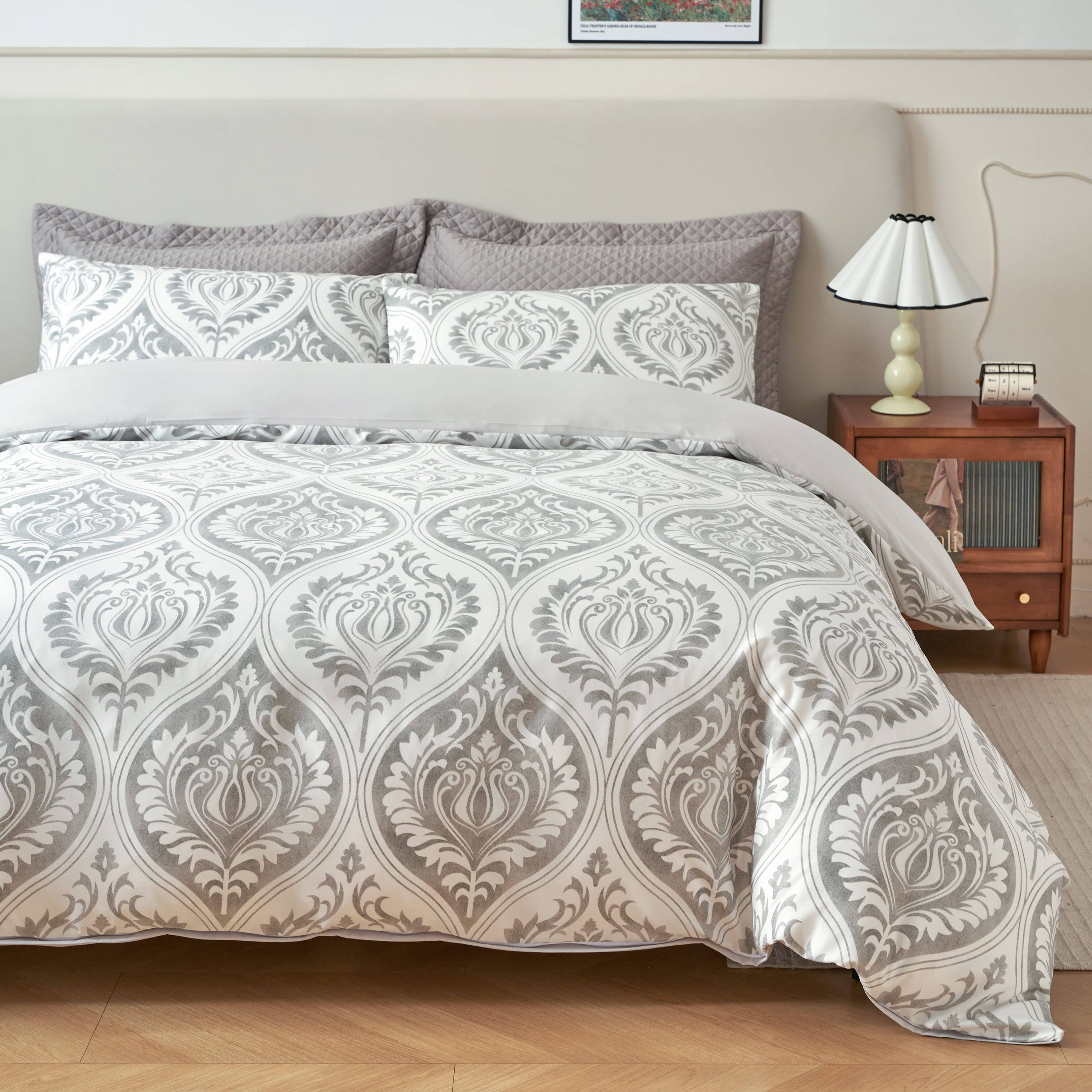Tache Dreamy Moon Sky Ogee Damask Heather Gray White Reversible Duvet Cover With Zipper Closure, king, queen, california king, full, twin size