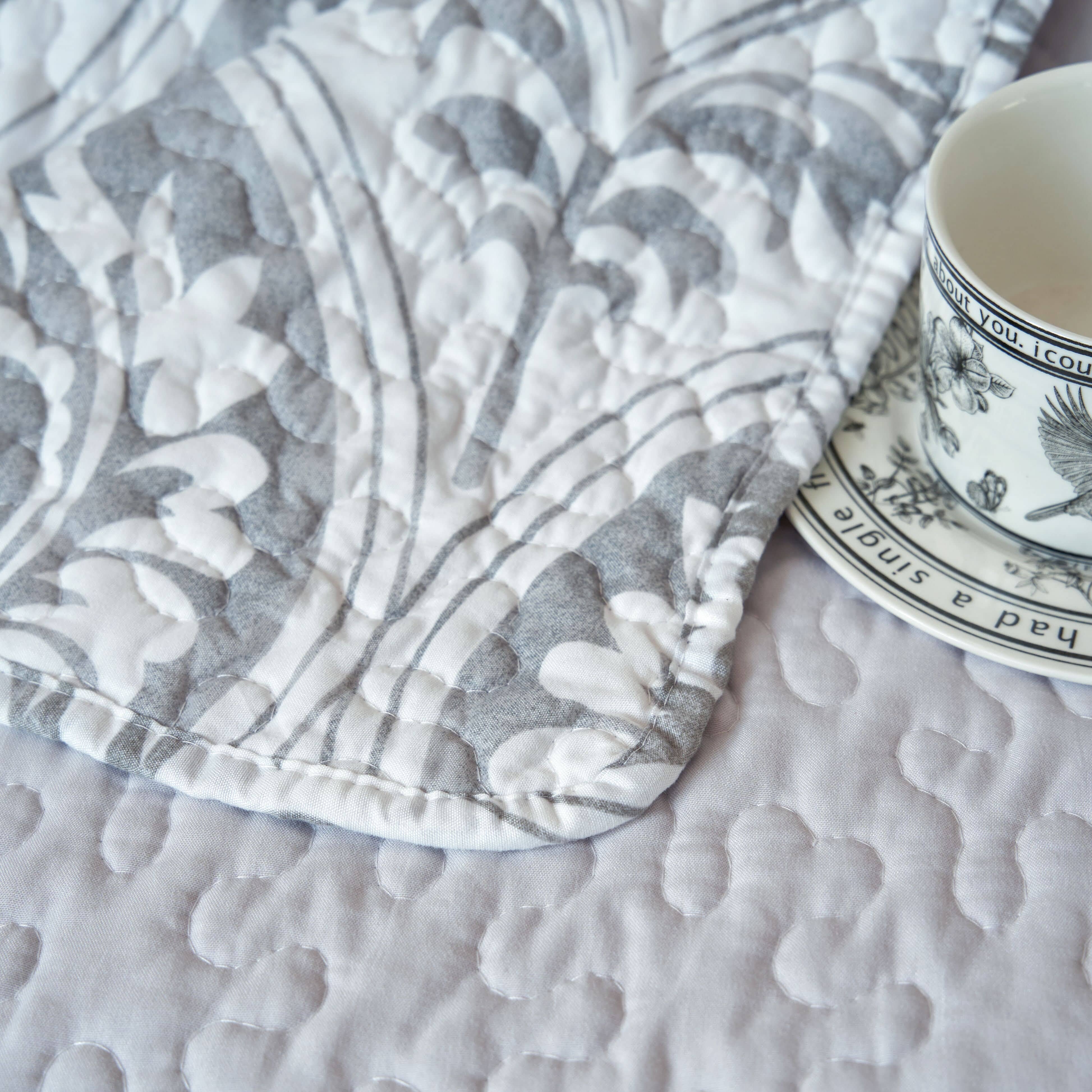 Tache Farmhouse Lighteweight Dreamy Moon Sky Paisley Ogee Damask White Heather Gray Reversible Quilted Throw Blanket