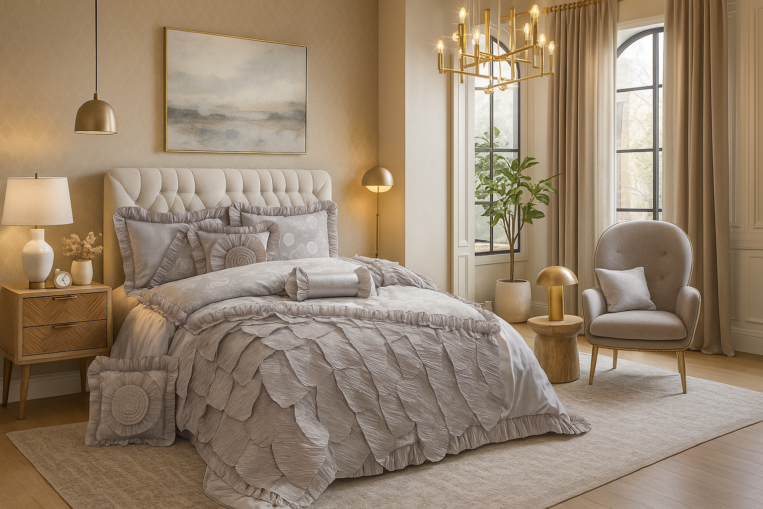 Luxurious bedroom with a large bed, armchair, and decorative elements. Tache Satin Ruffle Floral Lace Grey Gray Silver Rose Petals Comforter Set 