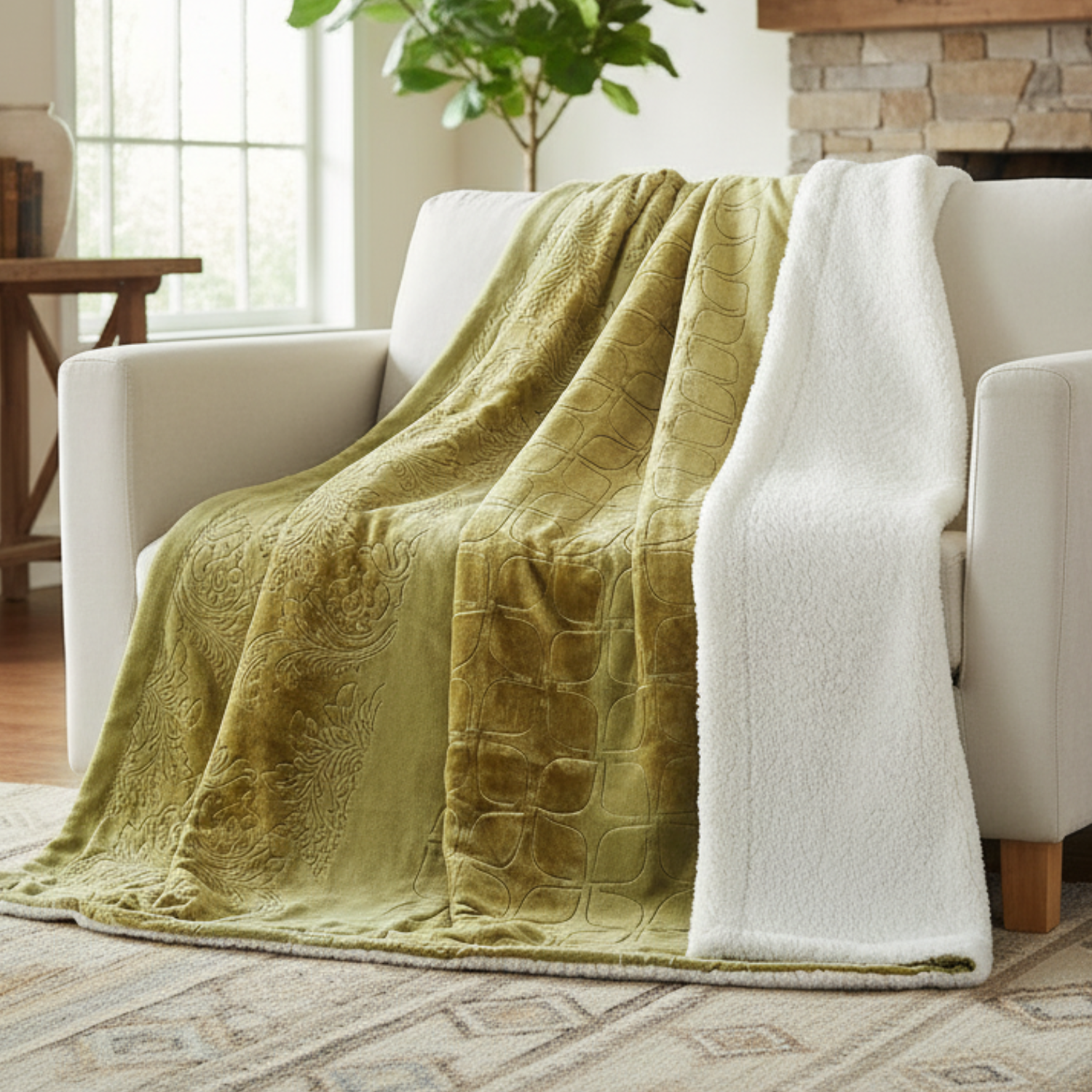 Olive Green Throw blankets with white back sherpa draped over a white sofa in a living room.