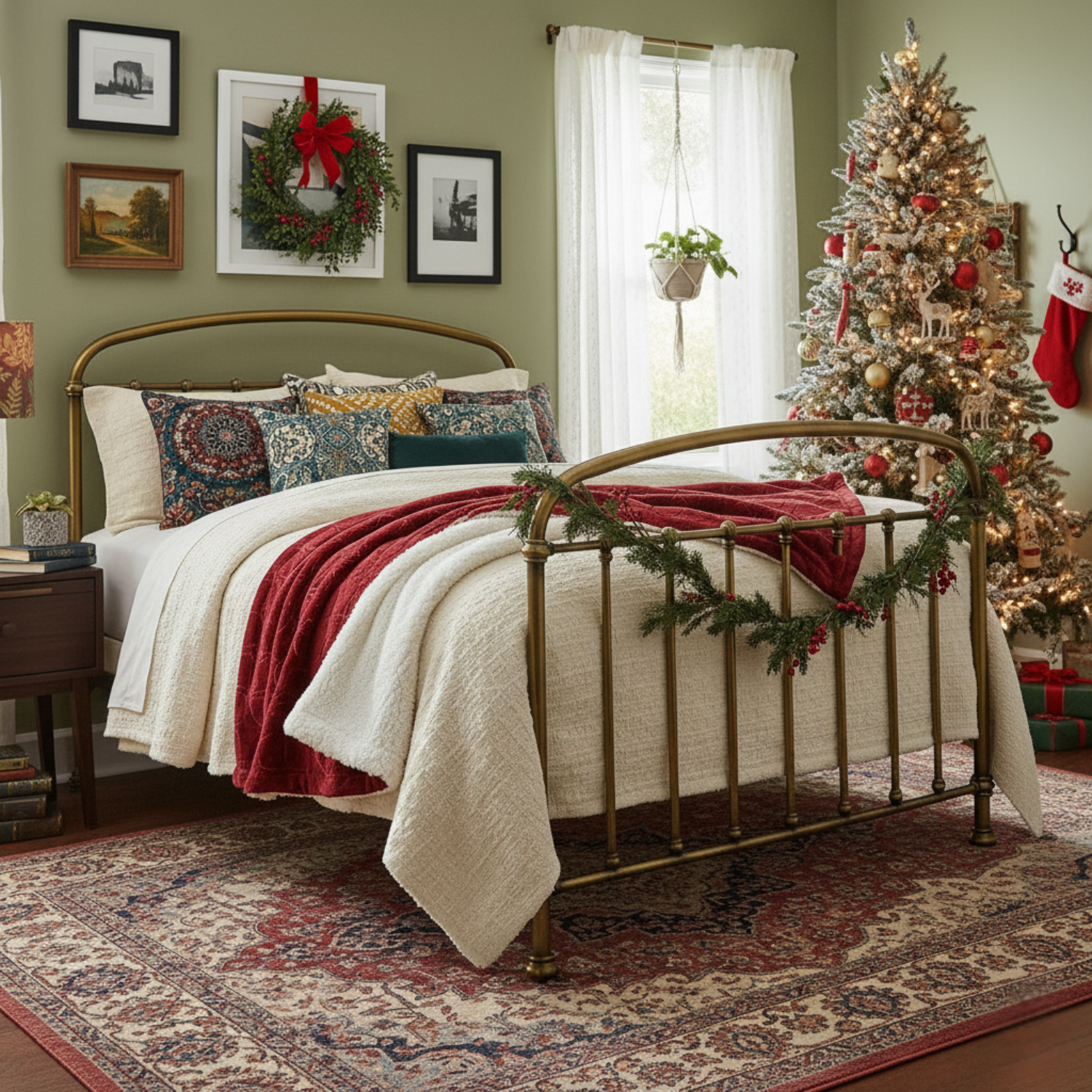 Decorated bedroom with Christmas tree, wreath, and festive bedding.