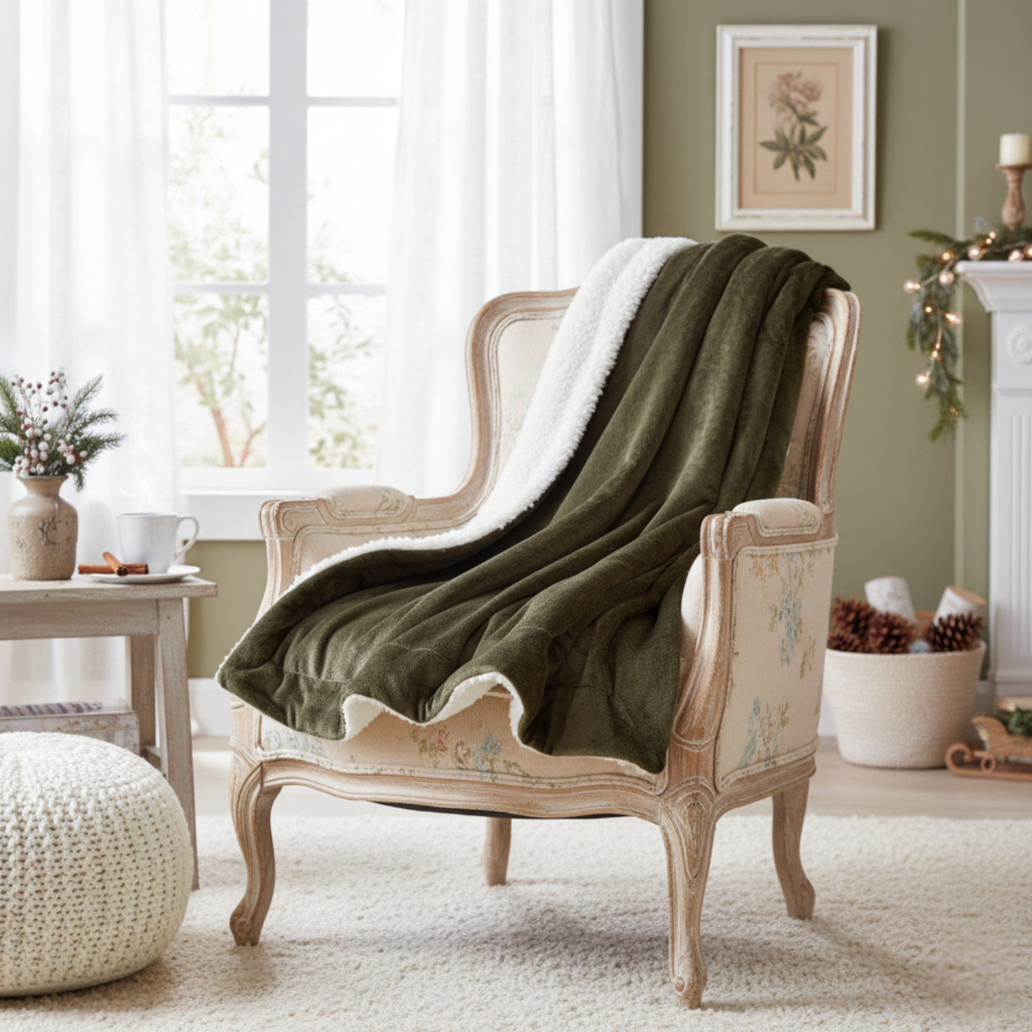 Dark Olive Green blanket draped over a decorative chair in a cozy Shabby Chic living room.
