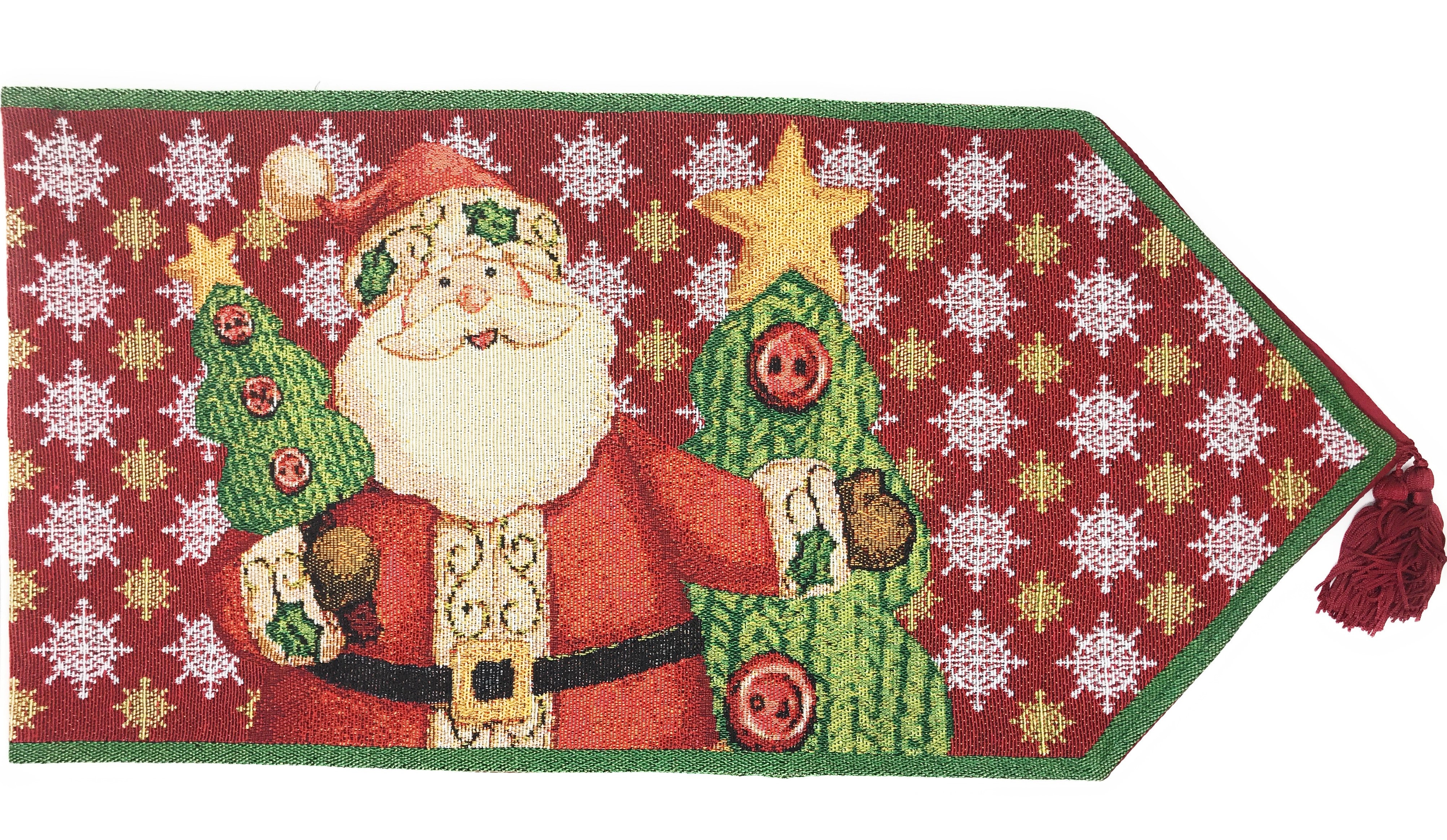 Decorative table runner with Santa Claus and Christmas tree design on a red background with snowflakes.