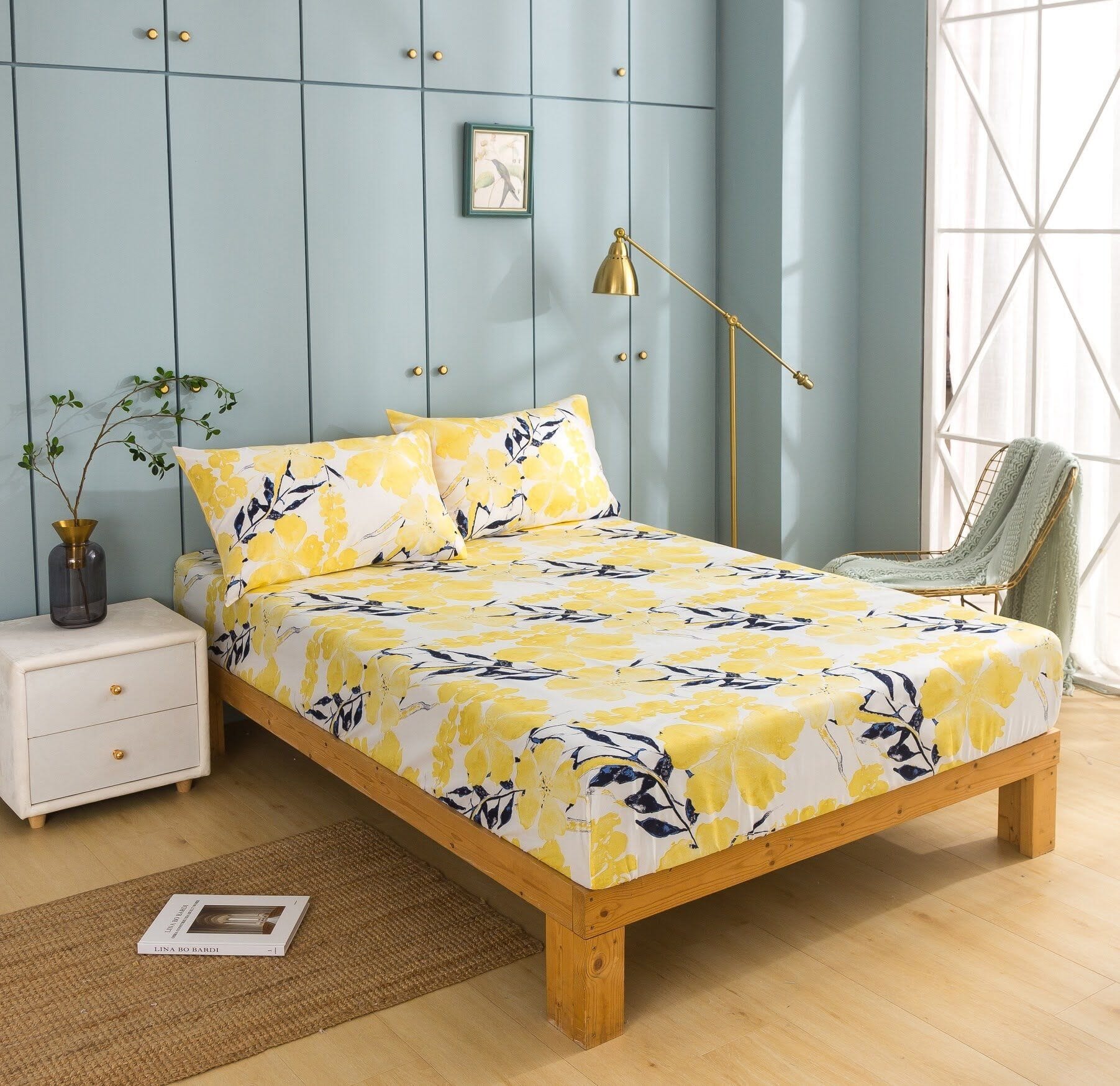 Tache Microfiber Watercolor Tropical Floral Yellow Blue Fitted Sheet / Flat Sheet (JHW-841)