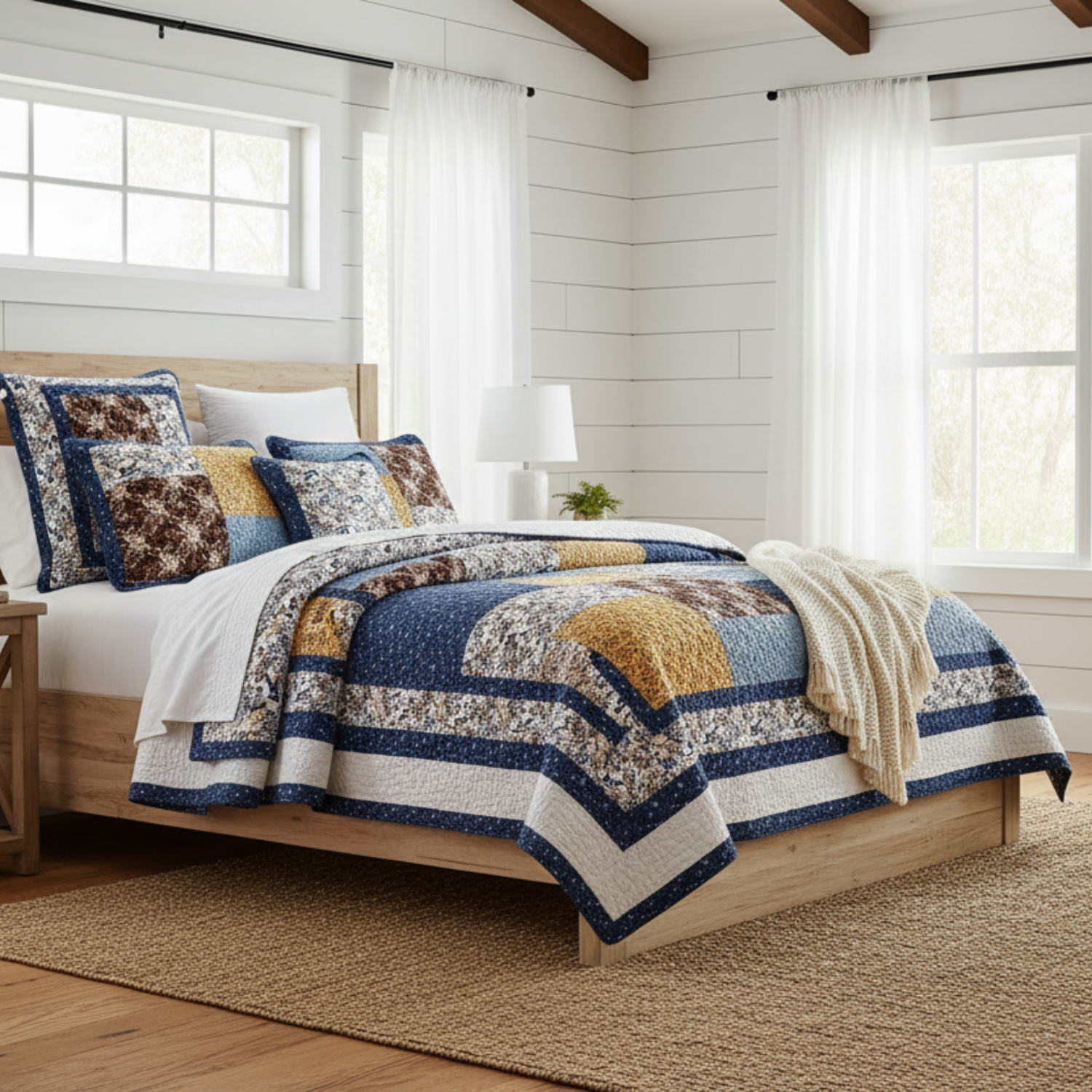 Bedroom with a wooden bed and patchwork quilt featuring blue, yellow, and brown colors.