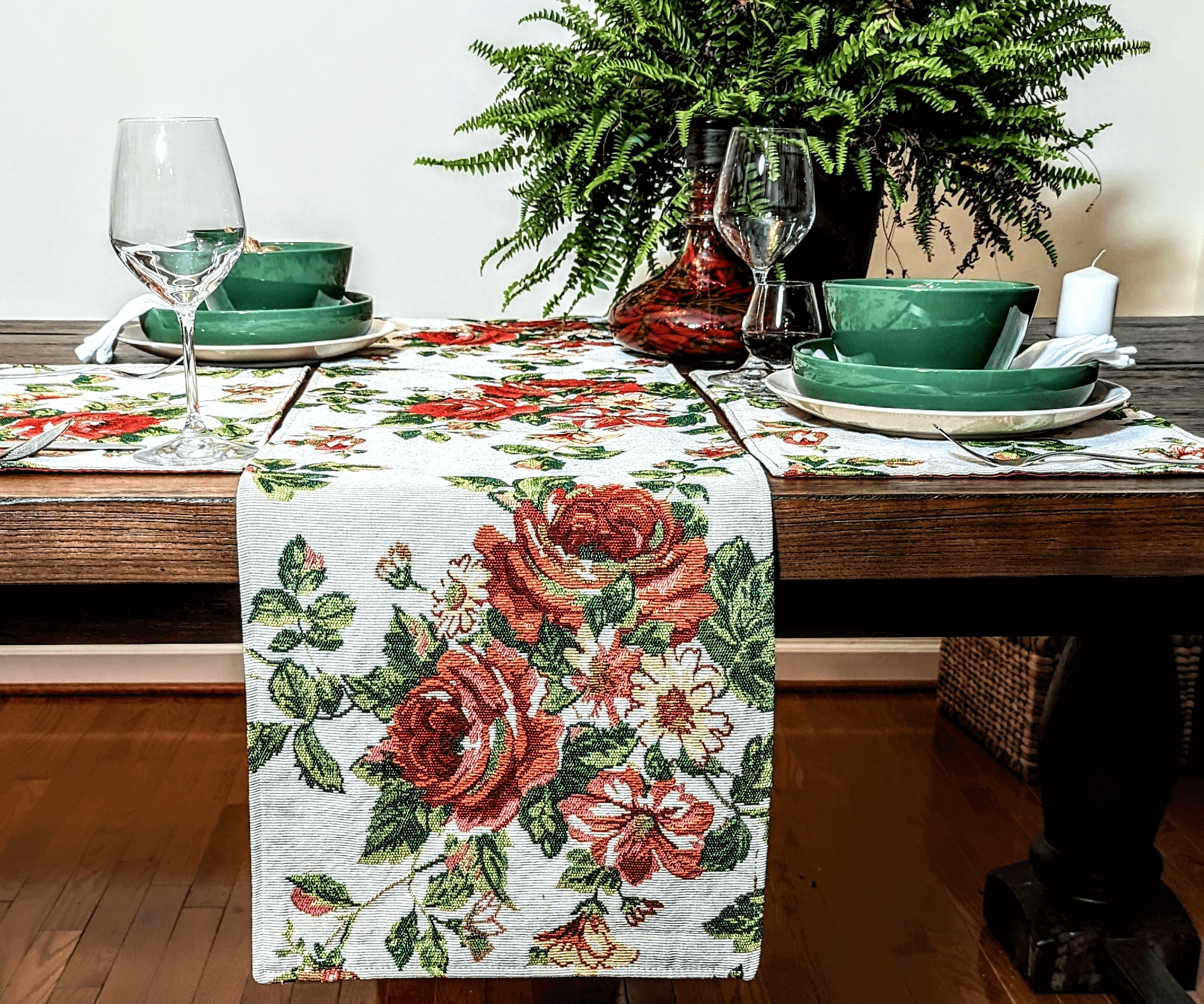 Spring Summer Floral Red Rose Flower Country Cottage Victorian Dining Room Kitchen Tapestry Table runner coffee table cover scarf mothers day gift idea