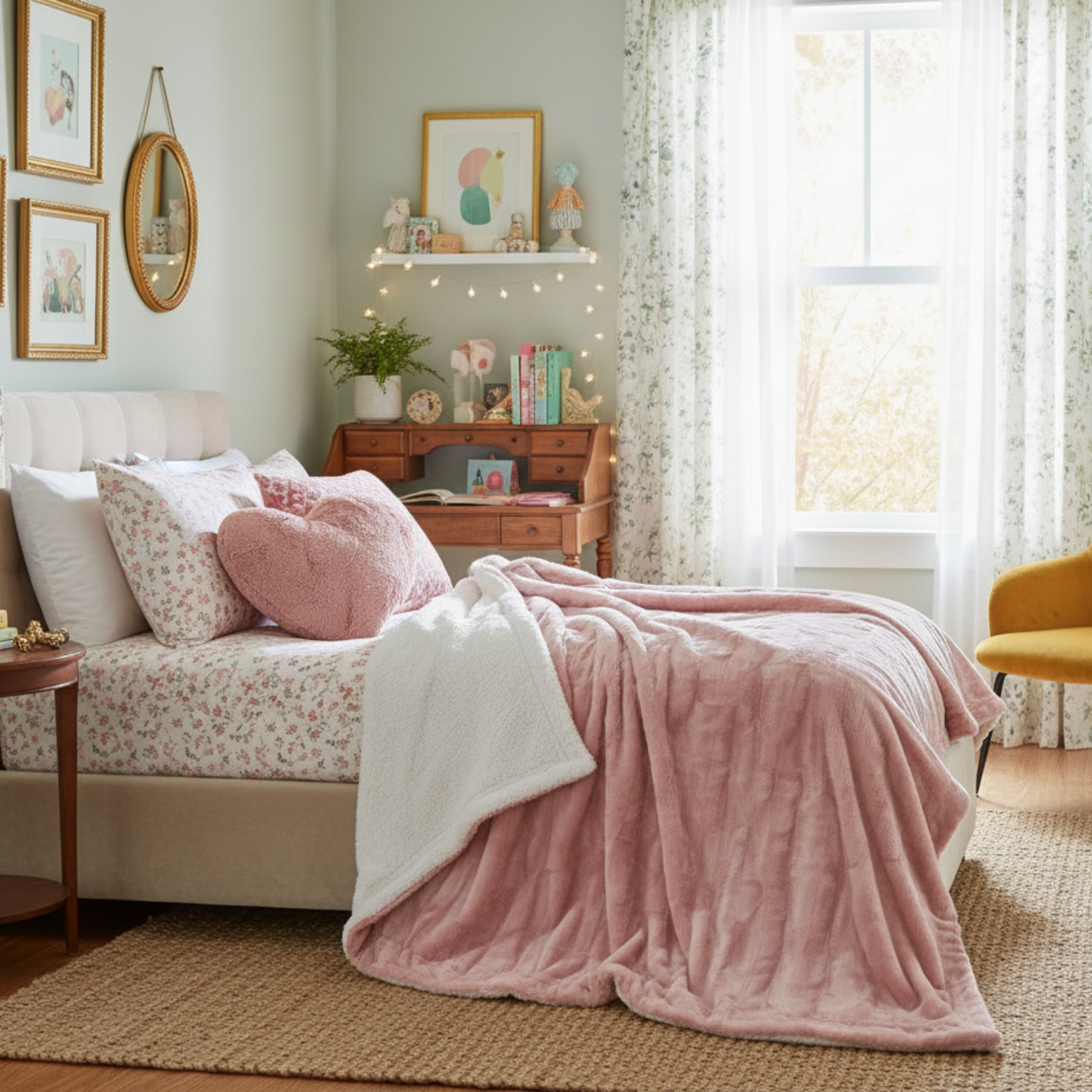 Tache Dusty Rose Pink Faux Fur Throw Blanket with decorative Heart Shaped throw pillow in girls room