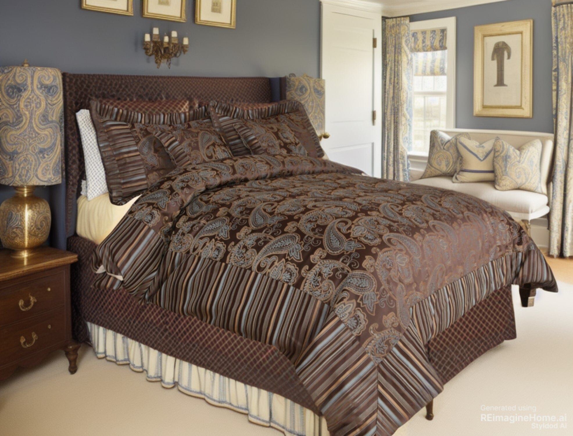 Tache Chenille Elegant Paisley Floral Striped Brown Blue Eastern Comforter Set With Zipper Cover (14070)