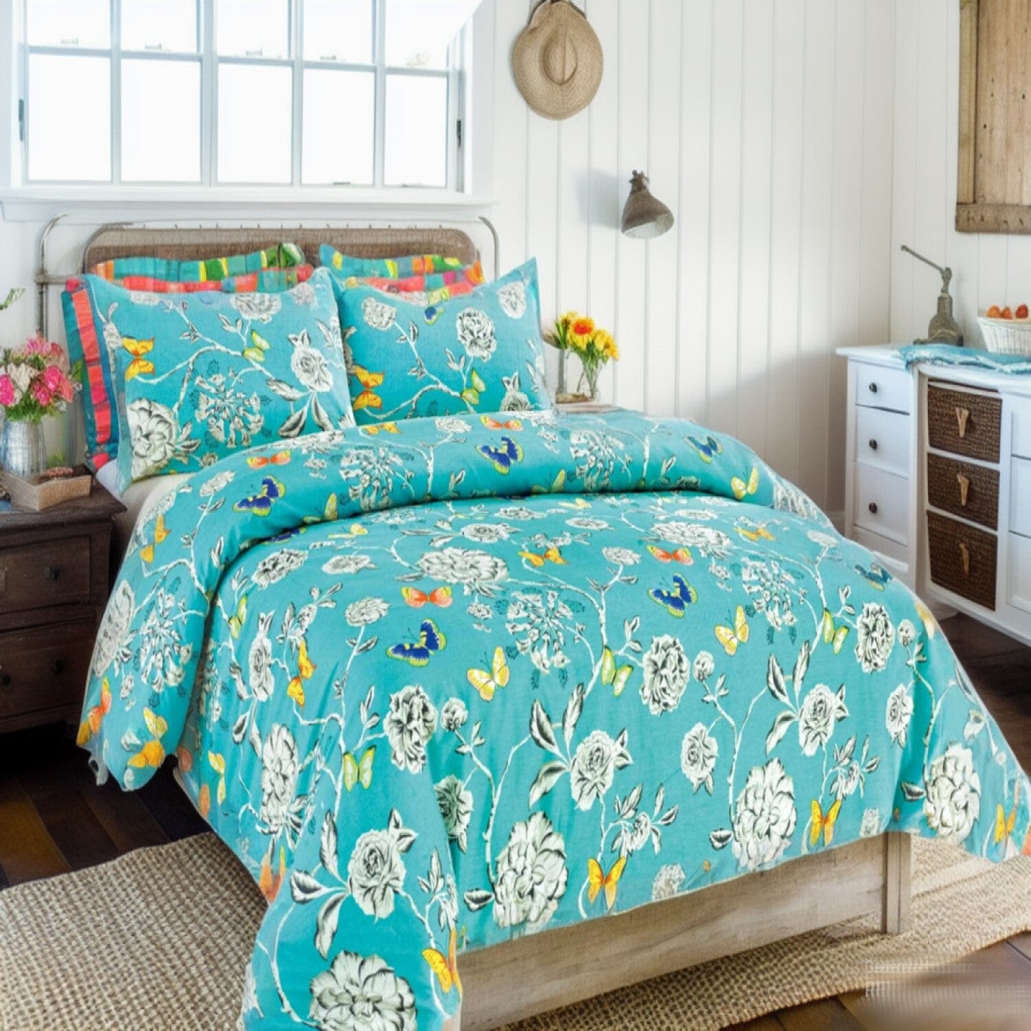 Tache Butterfly Wonderland Cotton Aqua Floral Duvet Cover (2142) - Tache Home Fashion