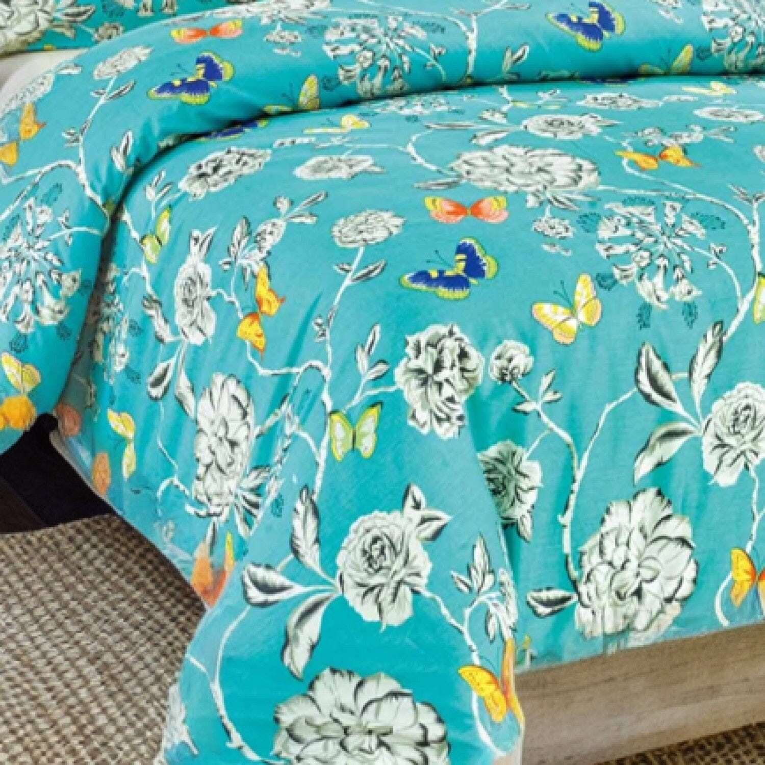 Tache Butterfly Wonderland Cotton Aqua Floral Duvet Cover (2142) - Tache Home Fashion