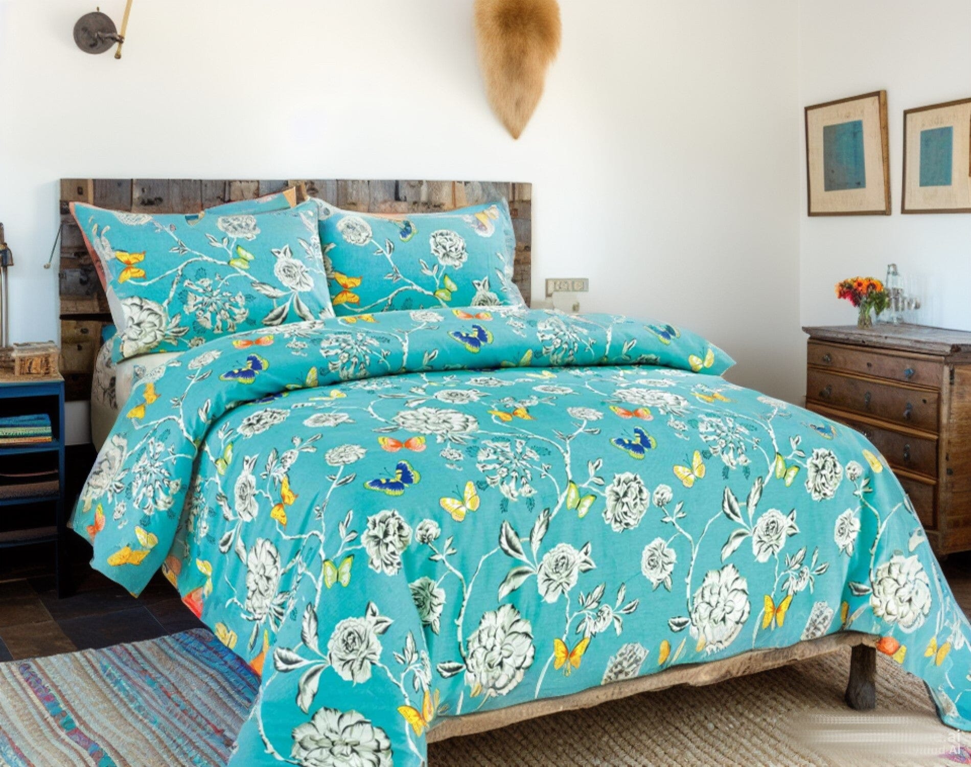 Tache Butterfly Wonderland Cotton Aqua Floral Duvet Cover (2142) - Tache Home Fashion