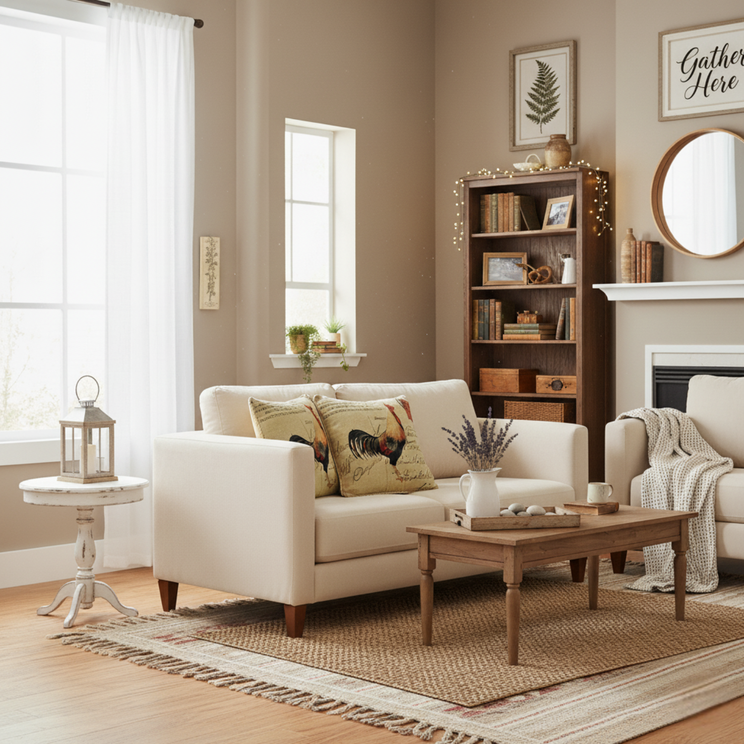 Cozy living room with beige sofa, wooden coffee table, and bookshelf and two decorative rooster cushions 