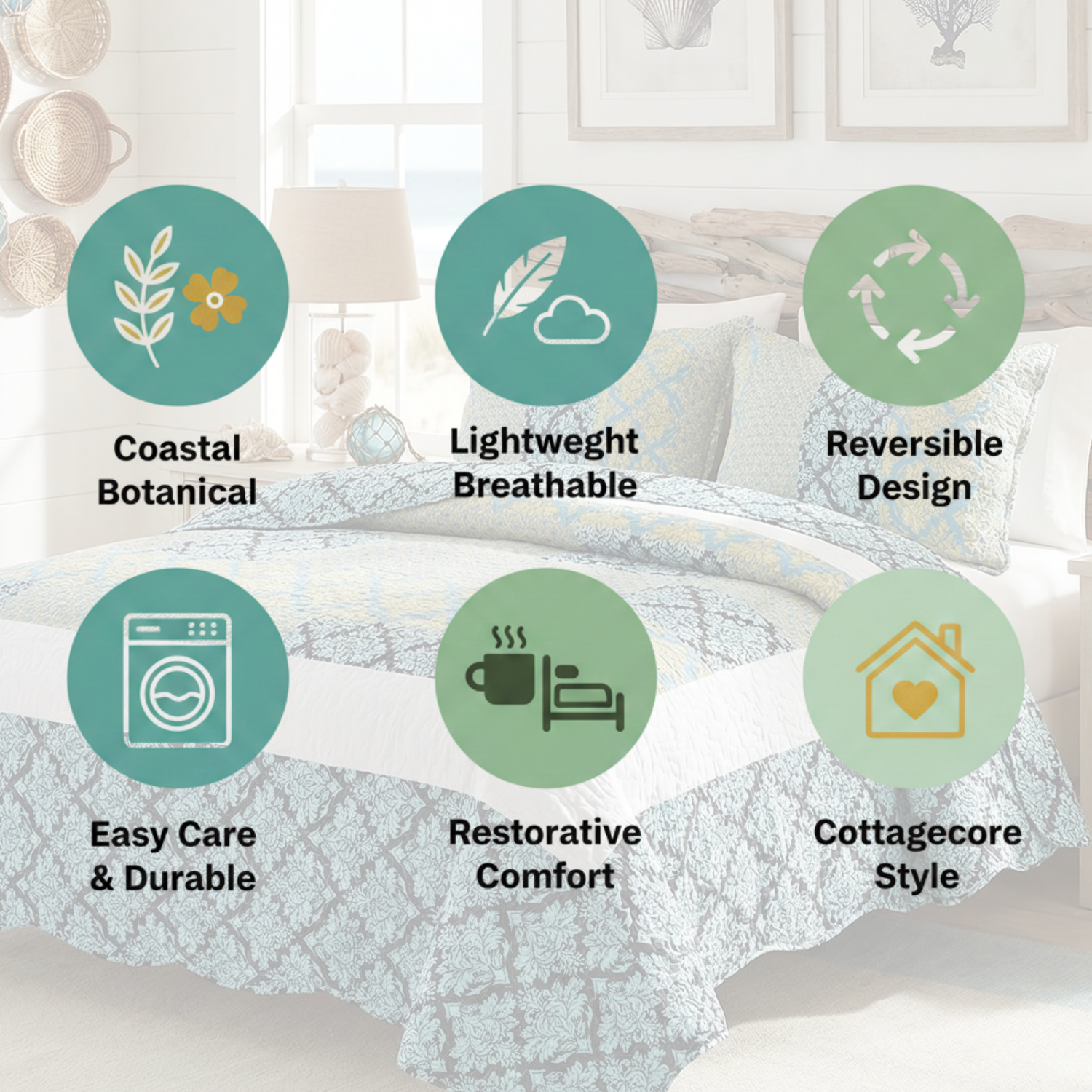 Damask ornate baroque teal turquoise blue and green scalloped quilt set by Tache Home Fashion