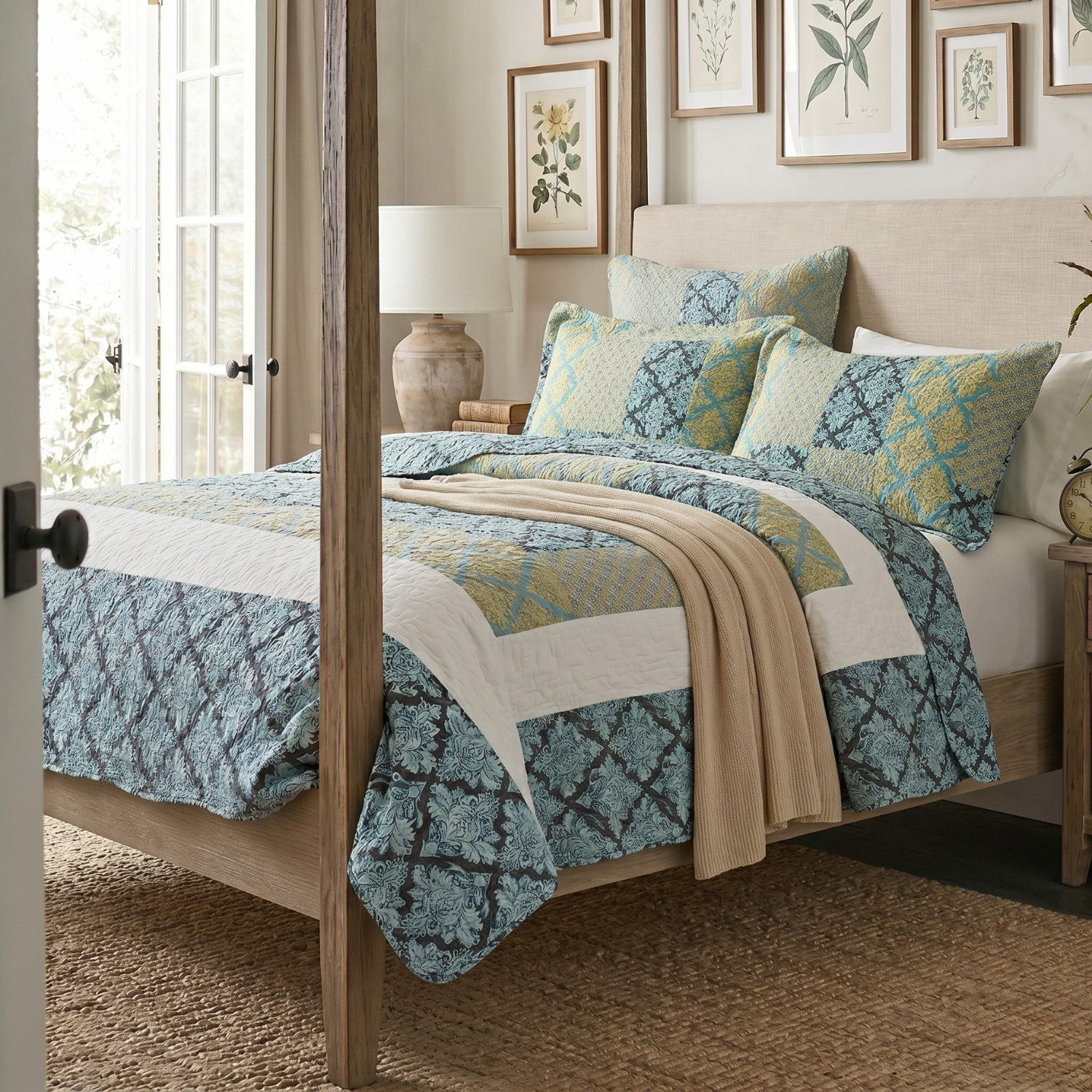 "Tache Home Fashion cottagecore teal, turquoise, and yellow patchwork quilt set featuring ornate baroque damask patterns, styled on a wooden four-poster bed with matching shams