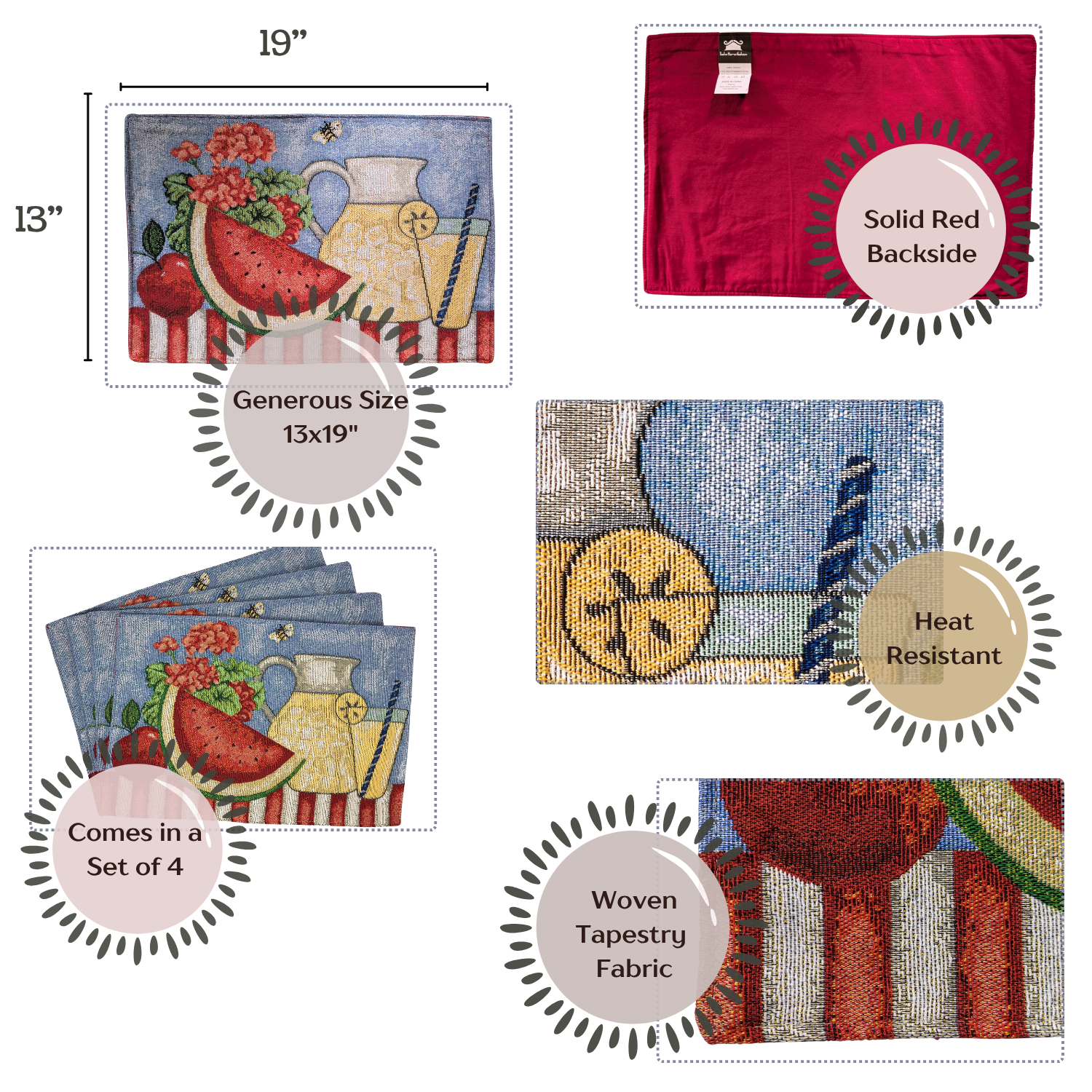Set of four woven tapestry coasters placemat with summer-themed designs, including a watermelon and strawberry scene, on a white background.