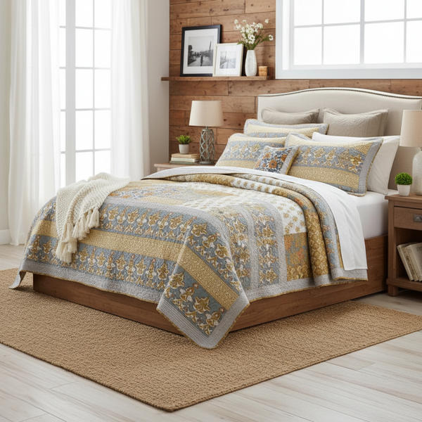 Tache 2-3 Piece Gilded Garden 100% Cotton Floral Gold Quilt Bedspread