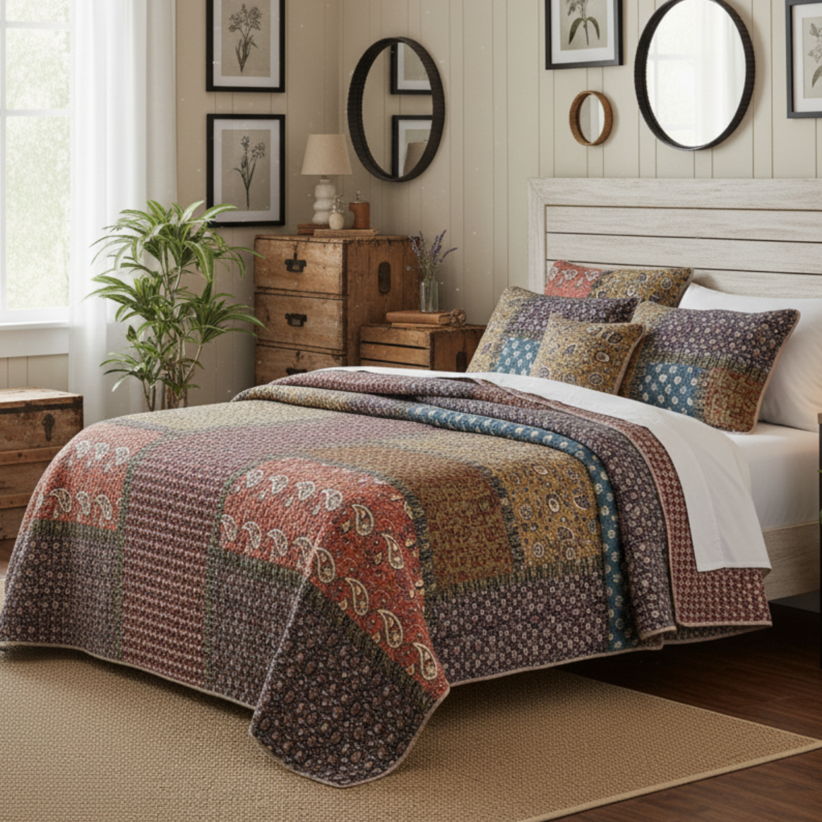 Tache Color Rosa Tache Sunset Blooms Floral Patchwork Cotton Multi color Bedspread Quil