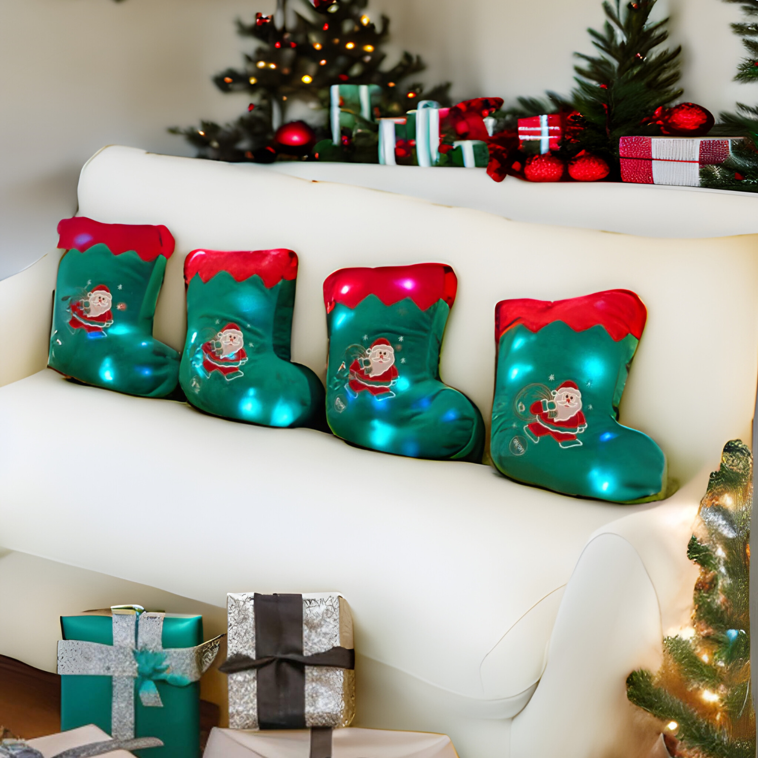 Tache Light Up Glowing Christmas Pillows Green Stocking Santa Claus Throw Pillow Plush and squishy Xmas Accent Pillows with Lights