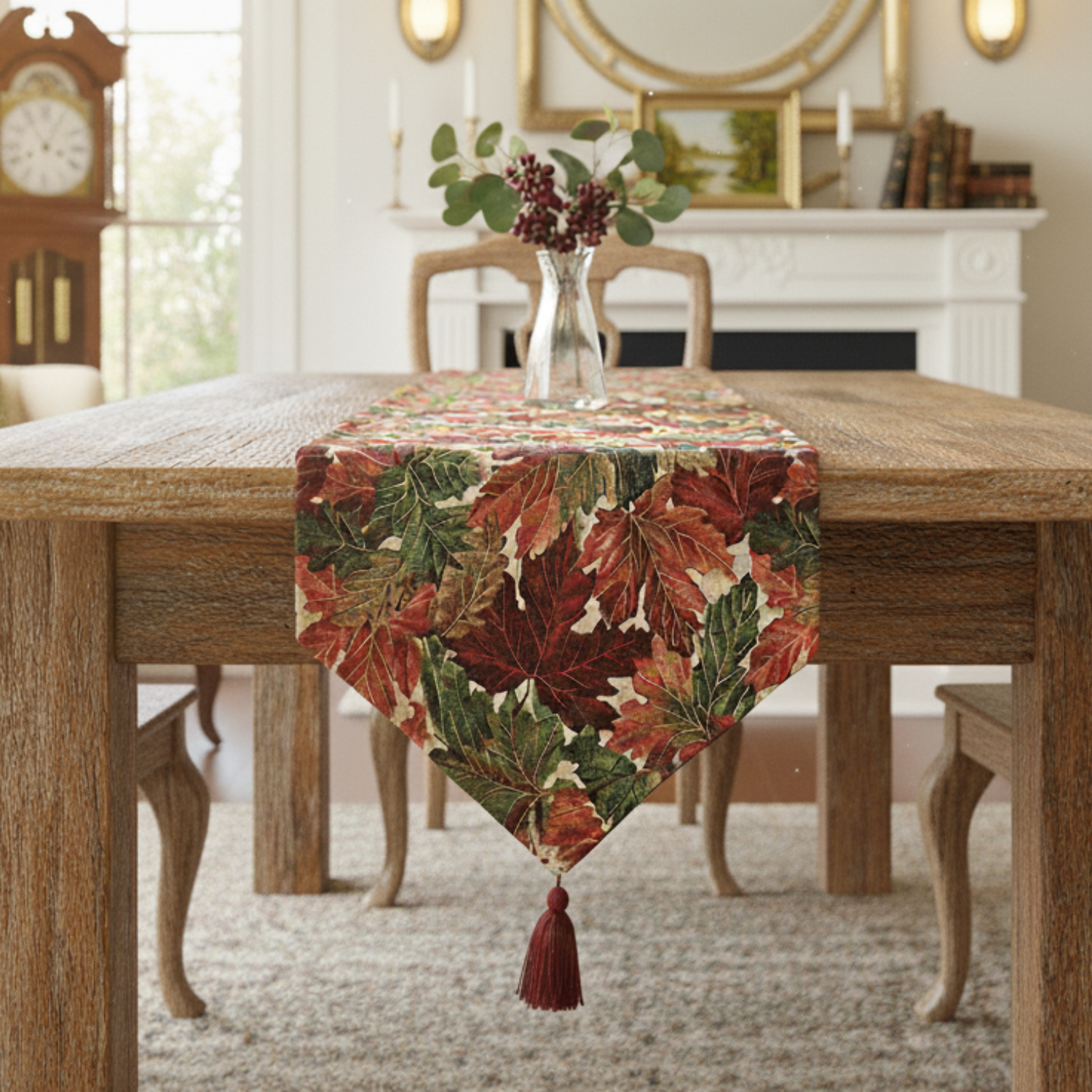 Table with a fall-themed leaves table runner in a room with a fireplace and clock.