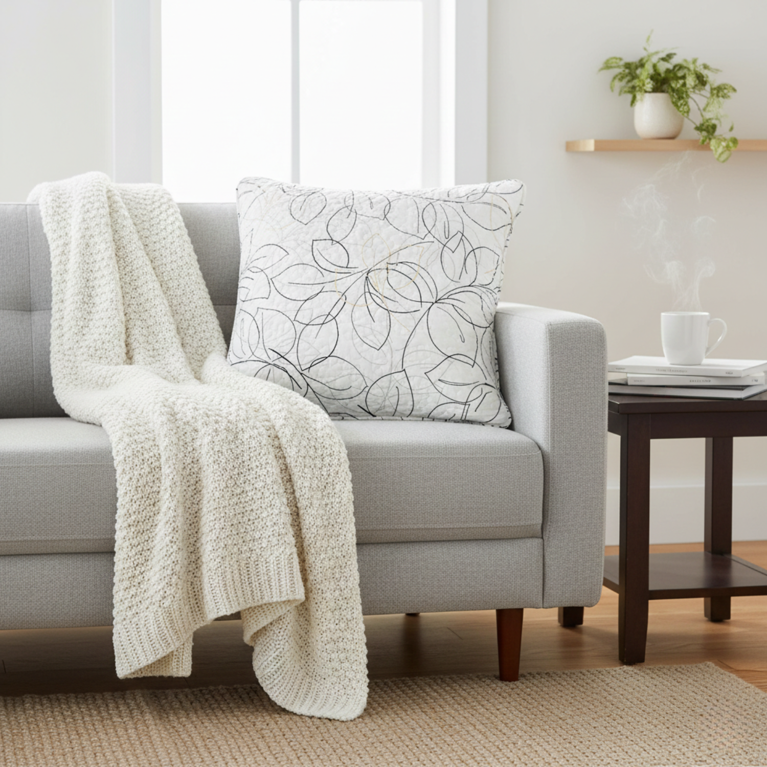 Tache Modern Abstract Leaf Line Art Foliage White Grey Black Gold Cushion Covers / Euro Sham (TJ3571)