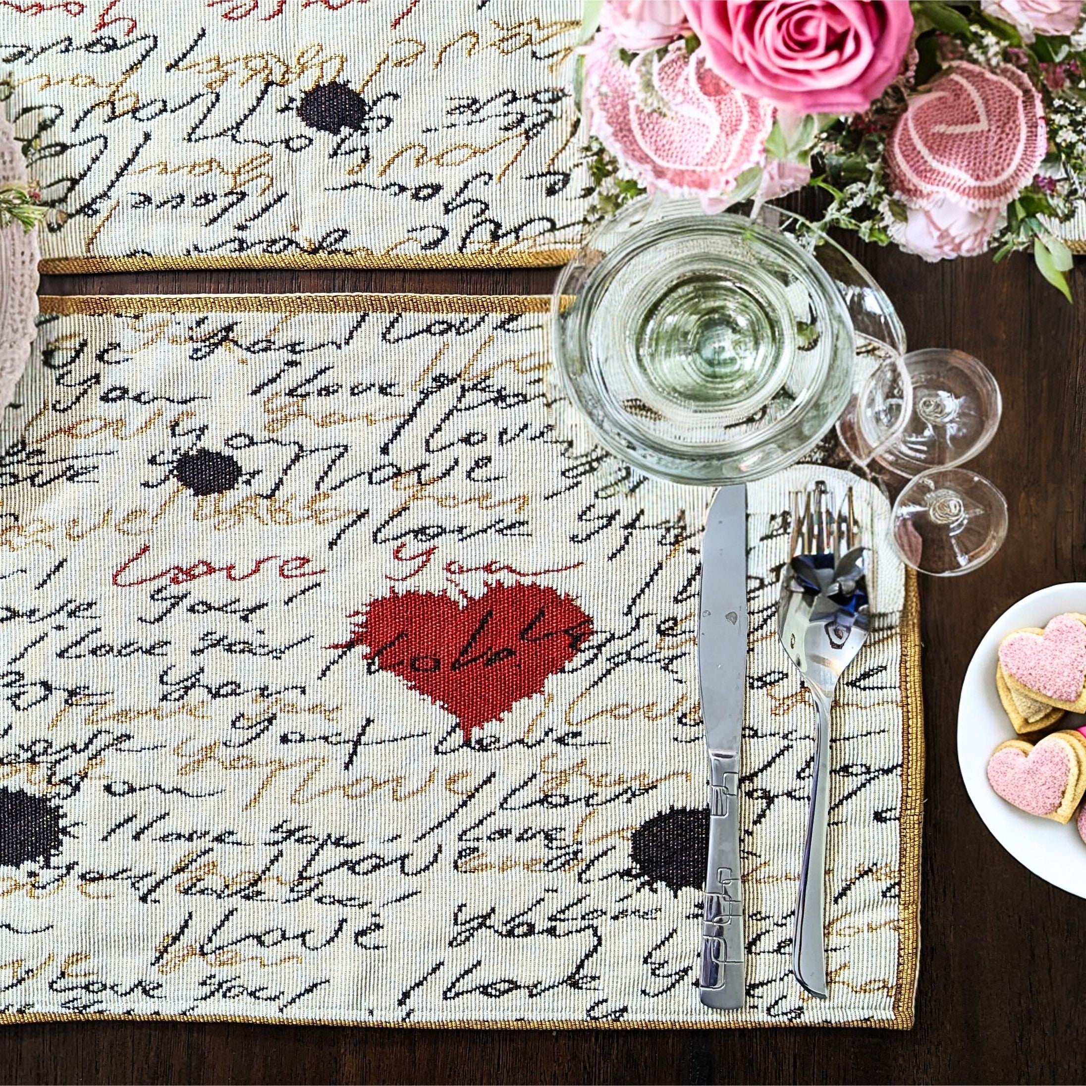 Tache Romantic Valentine’s Love Letter Beige Woven Tapestry Placemat Set (18111)