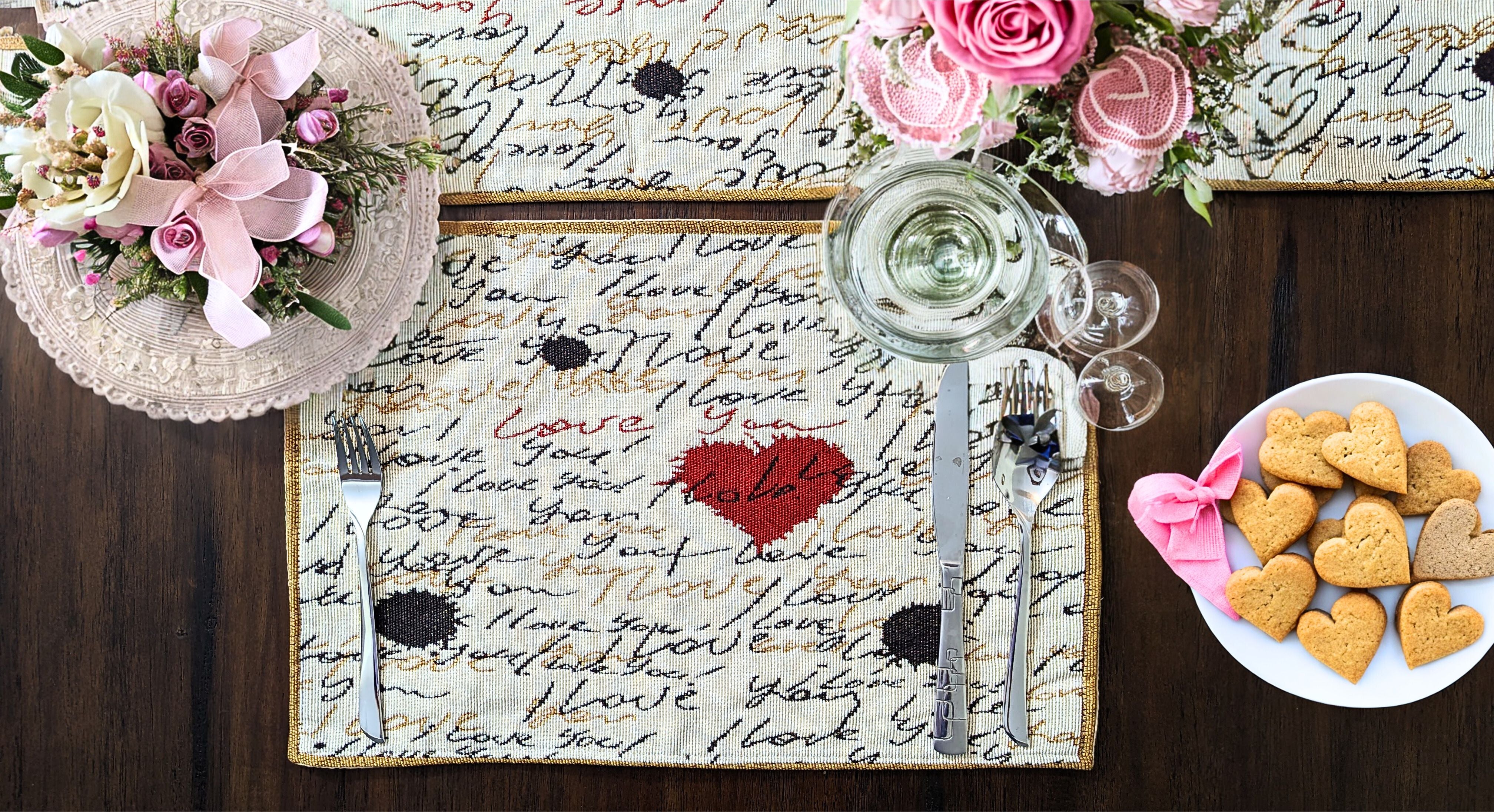 Tache Romantic Valentine’s Love Letter Beige Woven Tapestry Placemat Set (18111)