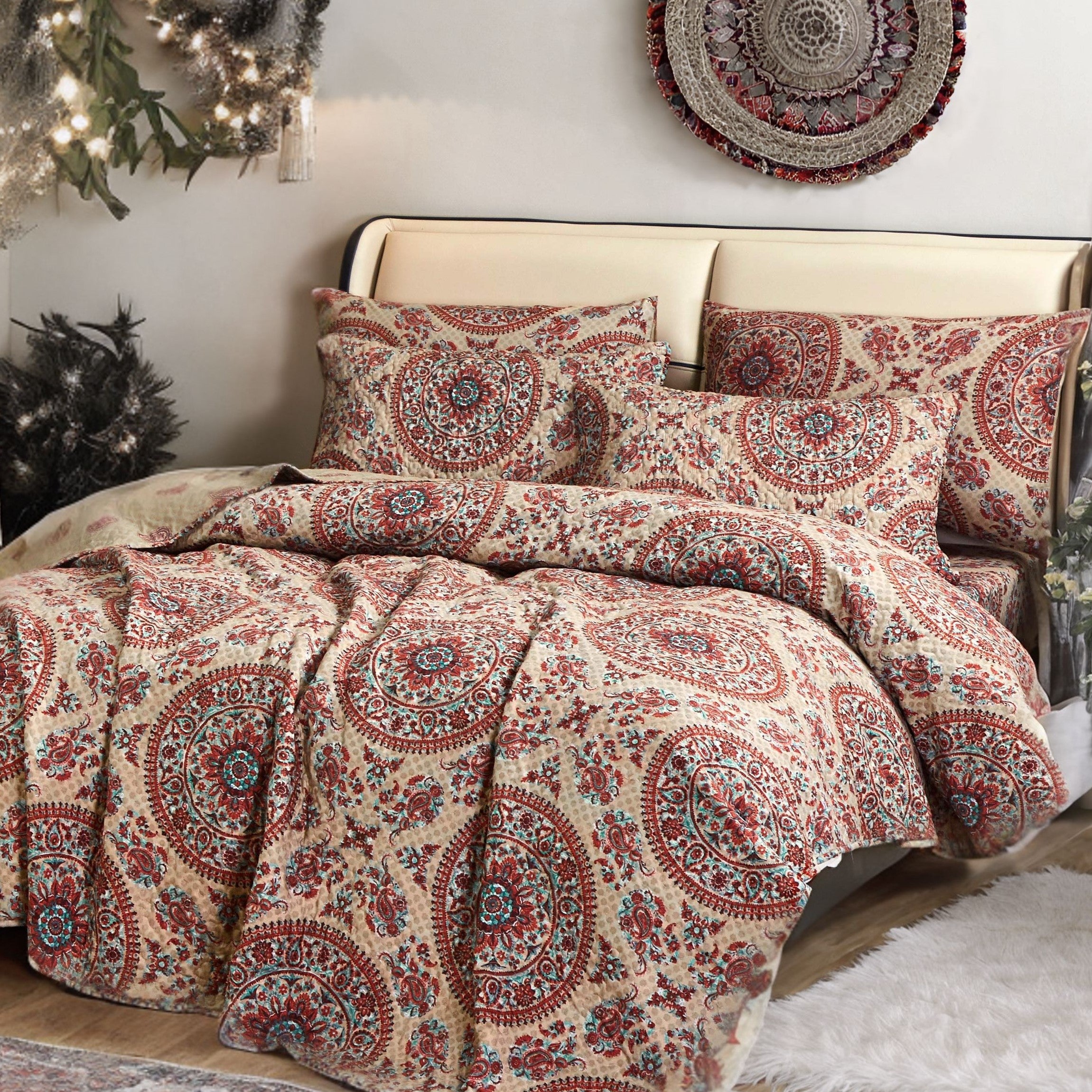 Tache Bohemian Medallion Paisley Print Quilt - A vibrant and intricately designed quilt featuring a medley of bohemian-inspired patterns, including paisley motifs and medallion accents. The quilt showcases a rich color palette and detailed craftsmanship, adding a touch of eclectic elegance to any bedroom setting.