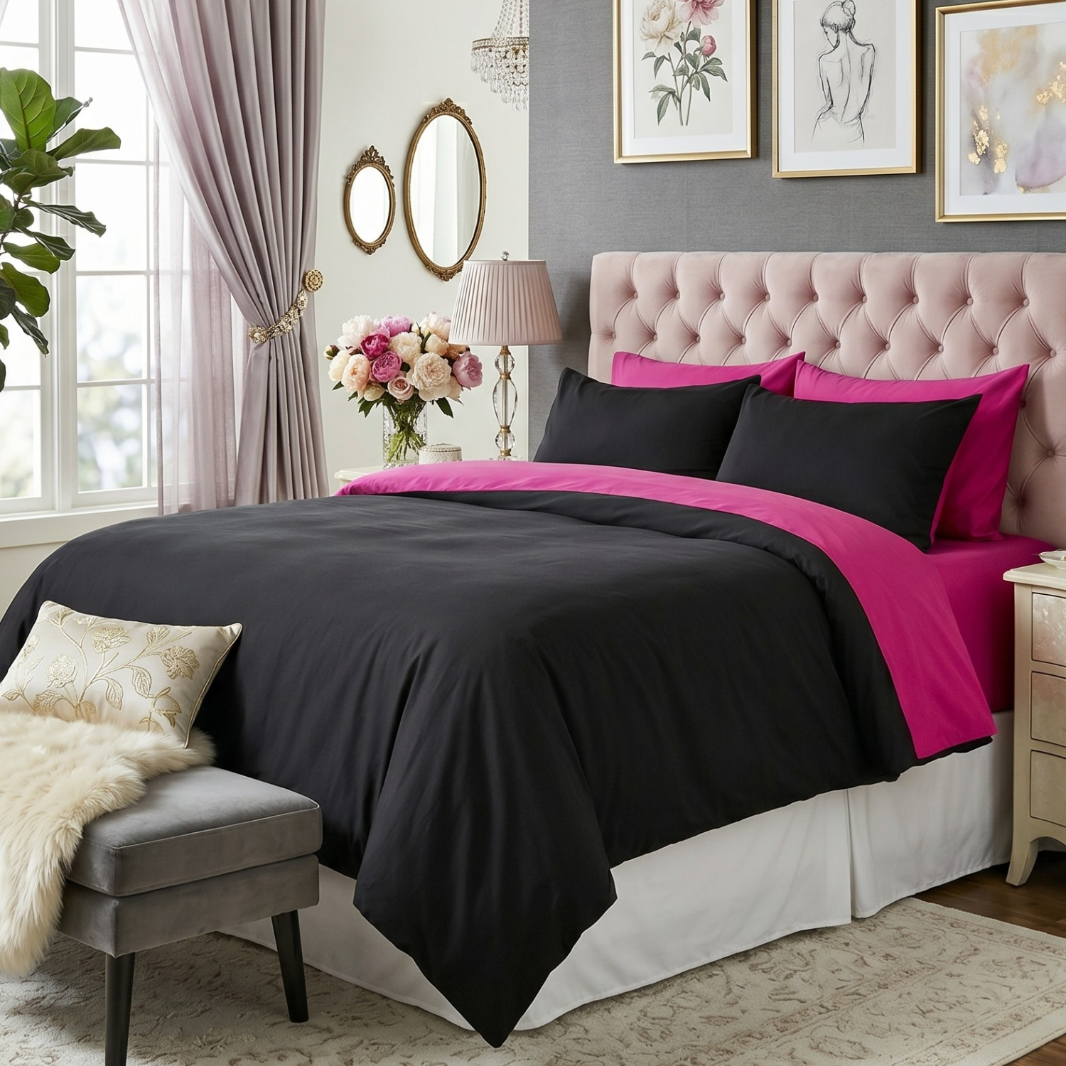 Tache cotton hot pink and black reversible comforter set with zipper cover. The bedding is displayed on a tufted headboard bed, highlighting the black comforter, pink fitted sheet, and contrasting pillowcases in a brightly lit modern bedroom with wall art.