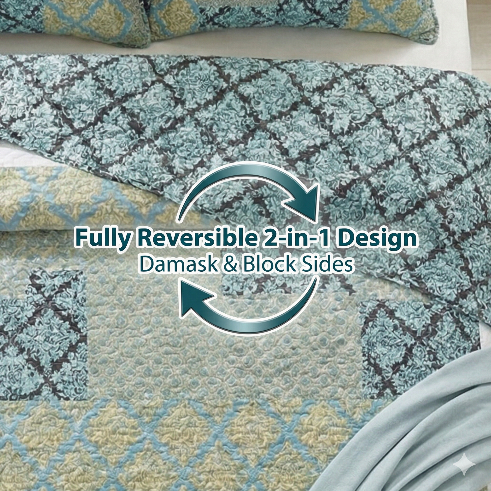 "Tache Home Fashion bohemian teal and sage green reversible quilt set, featuring a close-up of the 2-in-1 design showing both the intricate damask and geometric block patchwork patterns.