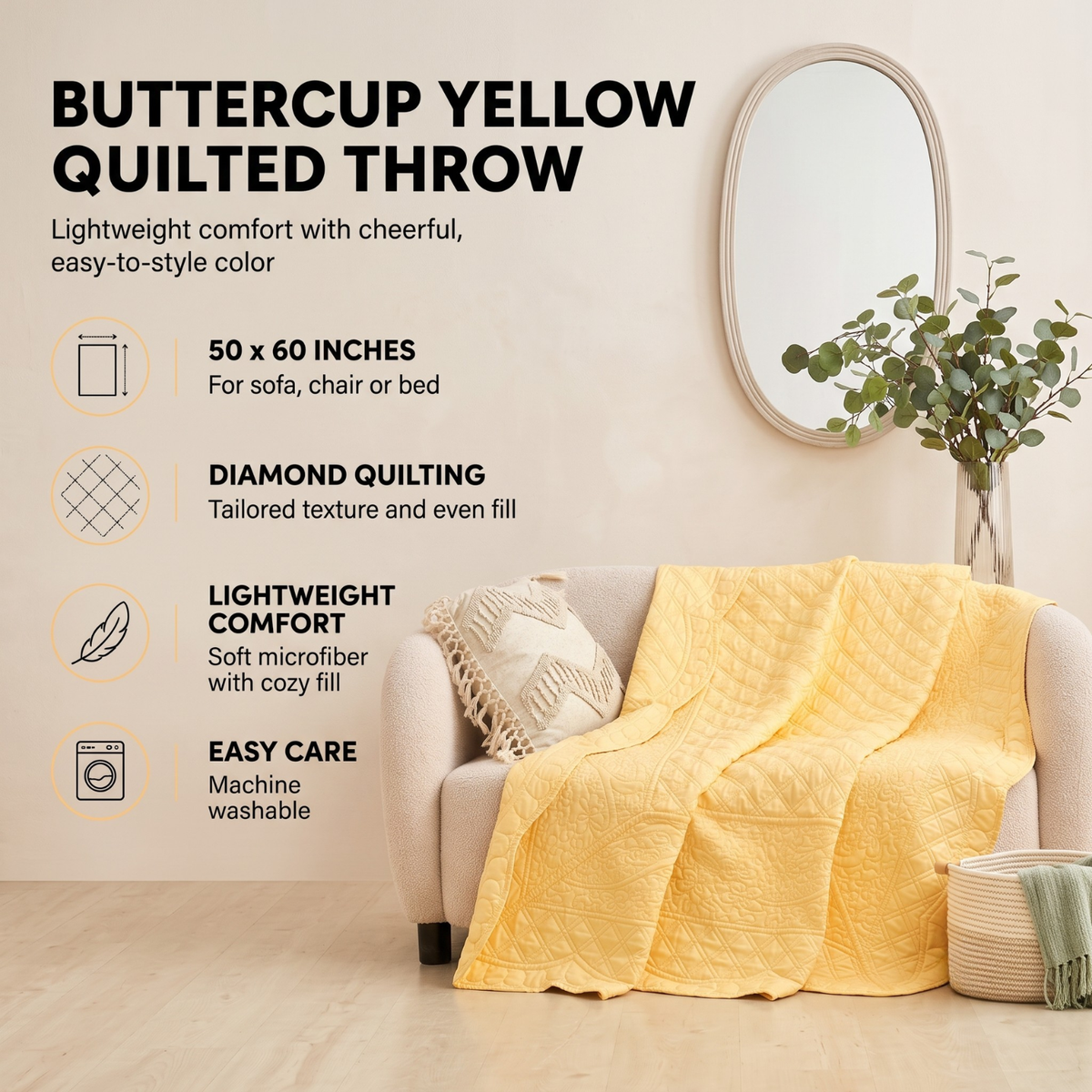 Buttercup yellow quilted throw features: 50x60 inches, diamond quilting, lightweight microfiber, machine washable