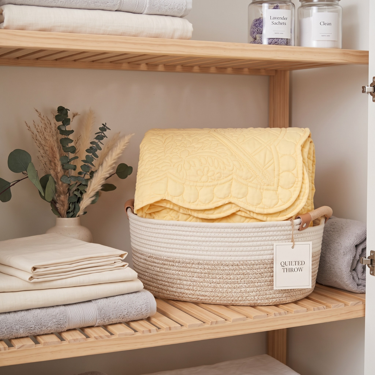 Buttercup yellow quilted throw folded in a woven basket on a linen closet shelf with towels