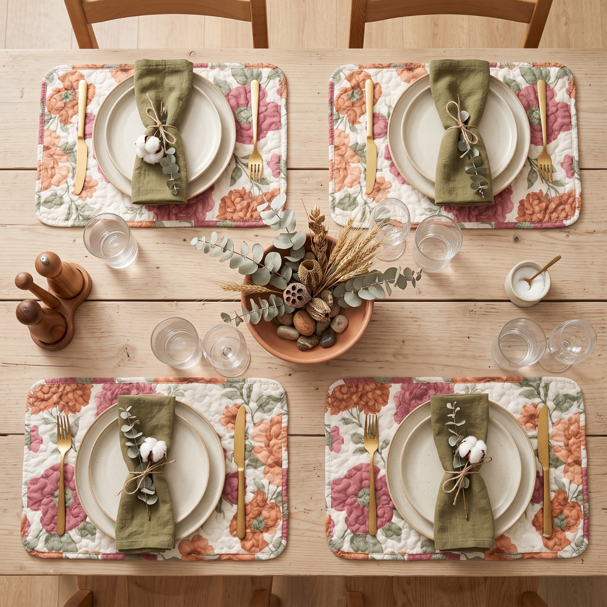 Country cottage pink rose floral quilted placemat styled with rustic dinnerware
