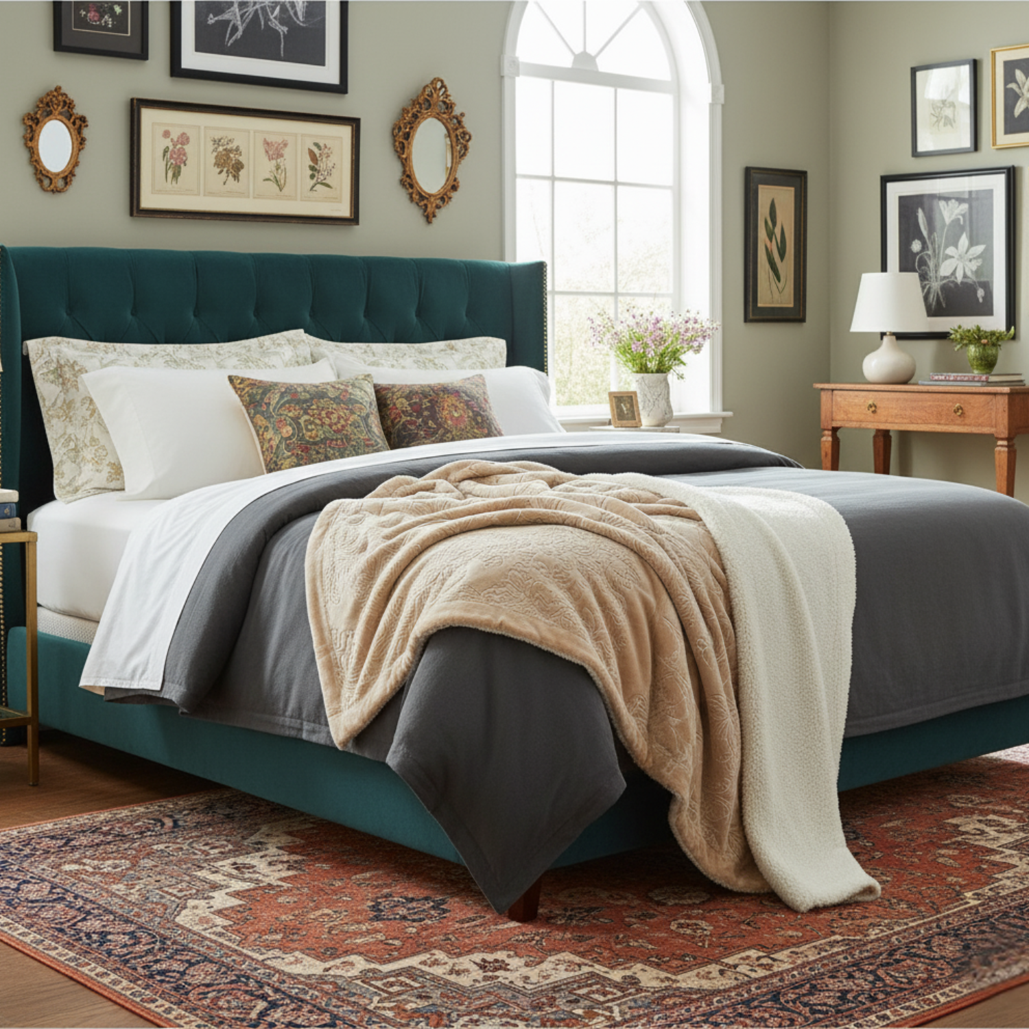 Neatly made bed with teal headboard and decorative pillows in a bedroom setting with Beige throw blanket