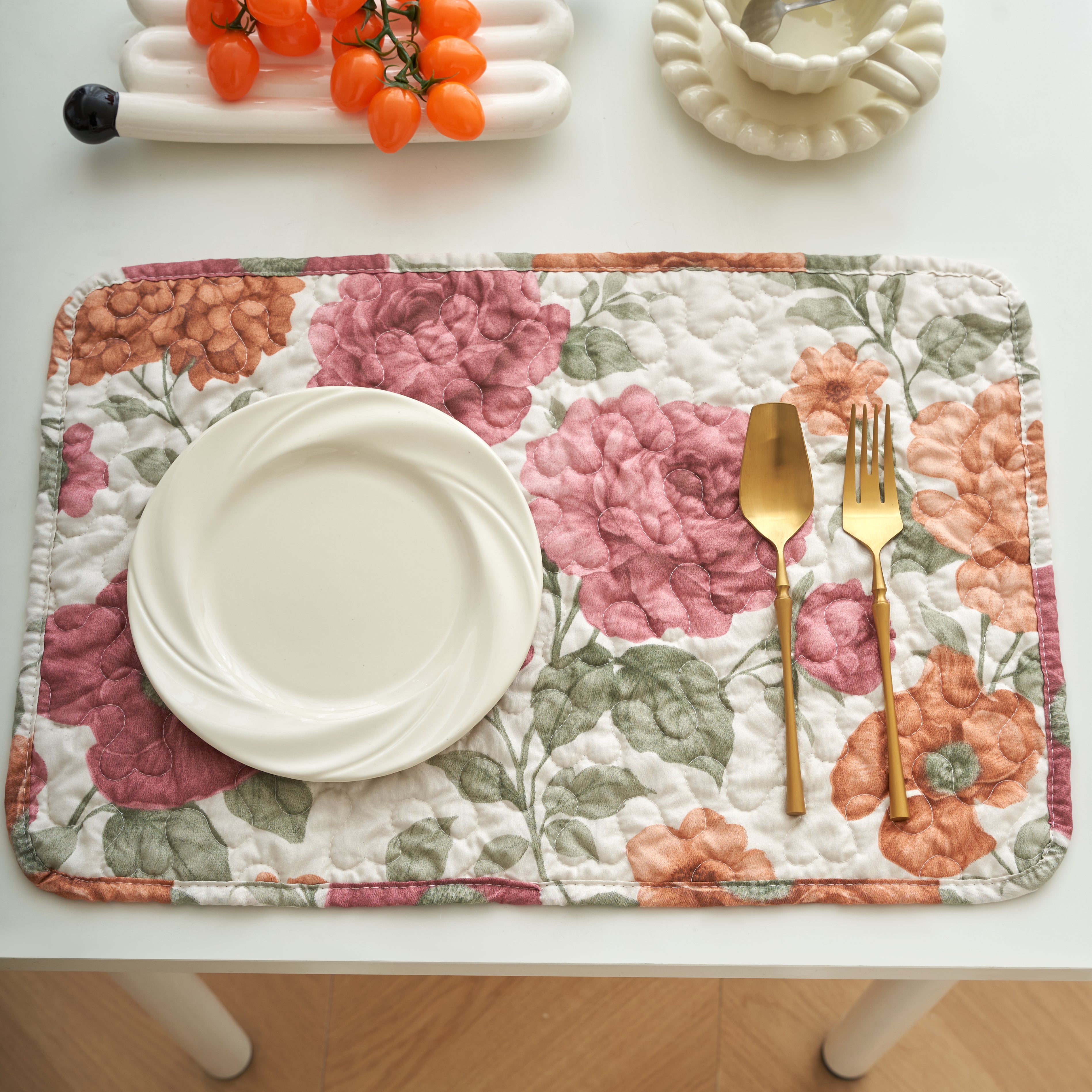 Shabby chic terracotta rose botanical quilted placemat with sage green leaf detail