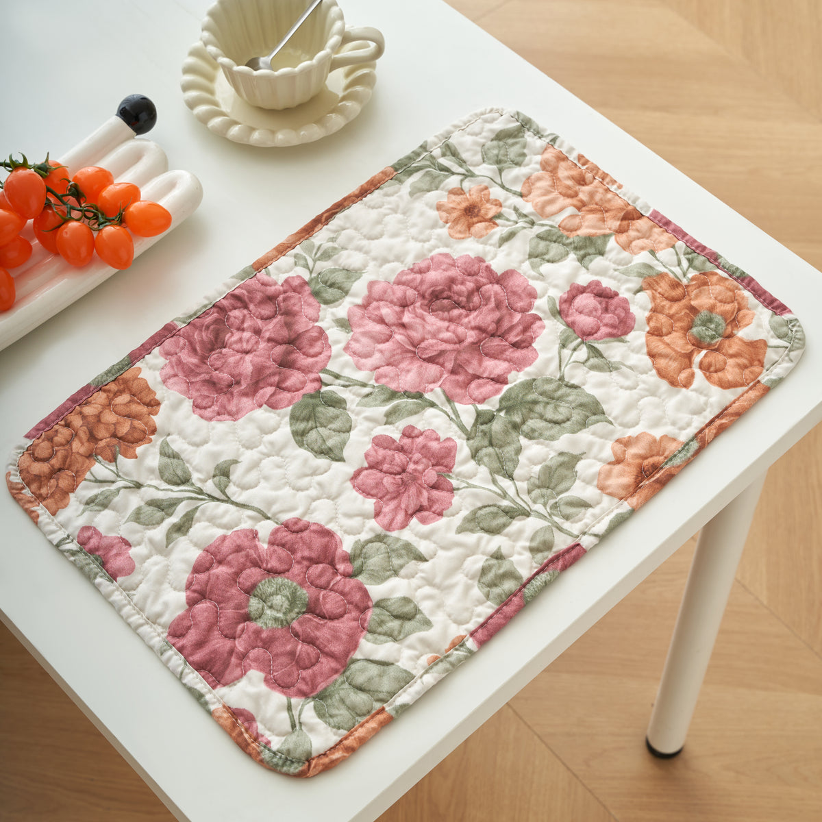 Tache Terracotta Rose Garden quilted placemat table mat in ivory with dusty rose blooms
