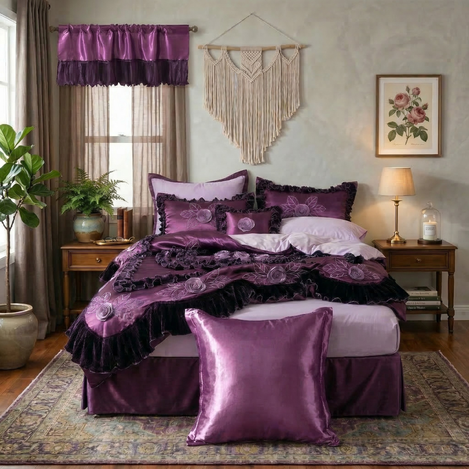 Tache dark purple solid satin Euro sham displayed on a styled bed with matching Midnight Bloom bedding