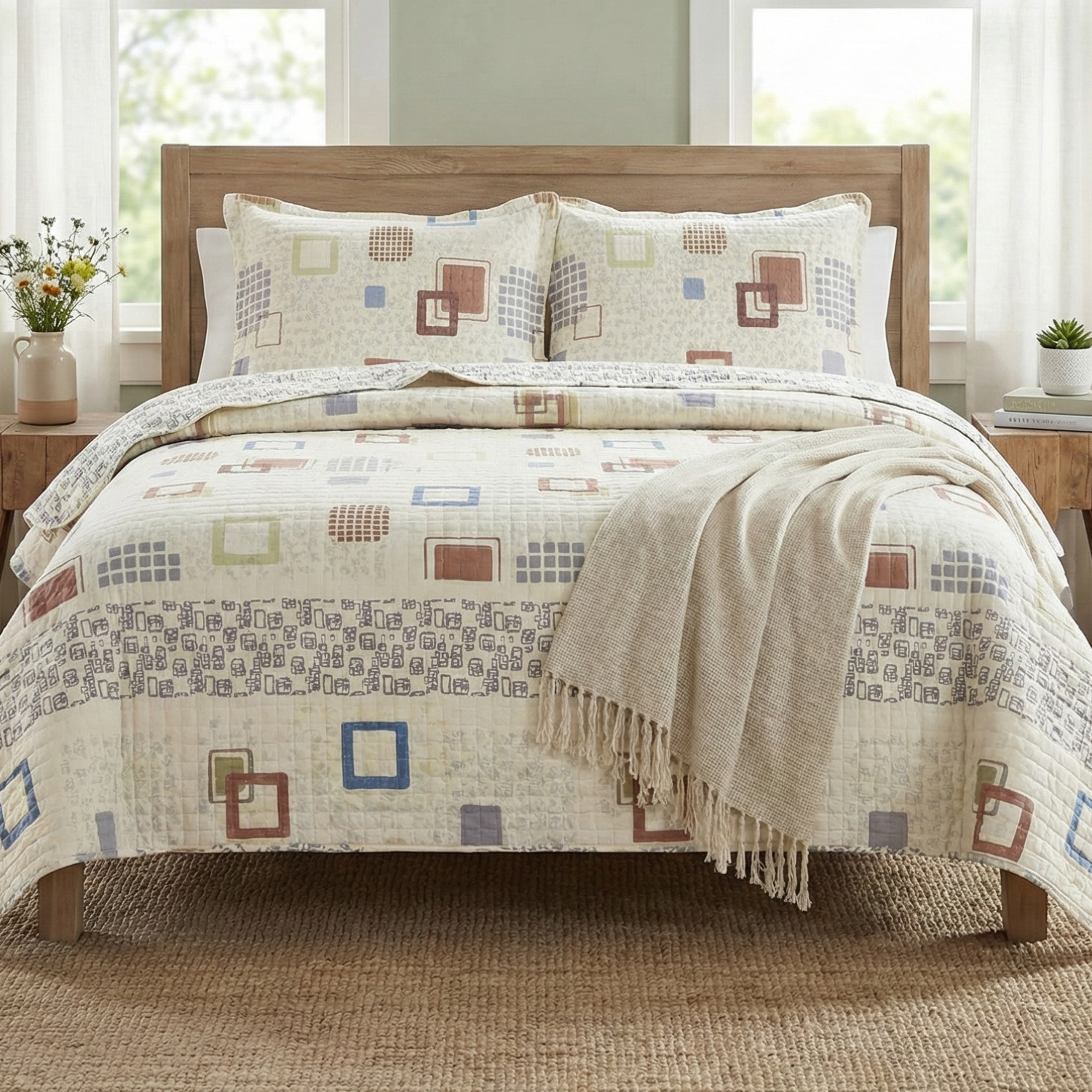 A bright bedroom featuring the Tache Home Fashion lightweight geometric cotton quilt bedspread set. This mid-century modern and farmhouse elegant spring and summer decor shows a cream scalloped bedspread with pastel blue, red, and yellow cubic squares, styled with matching pillow shams on a wooden bed.