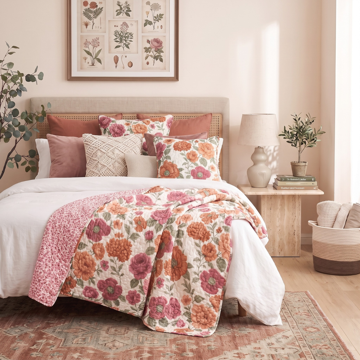 Dusty pink floral quilted throw blanket with sage green leaf accents on an ivory ground