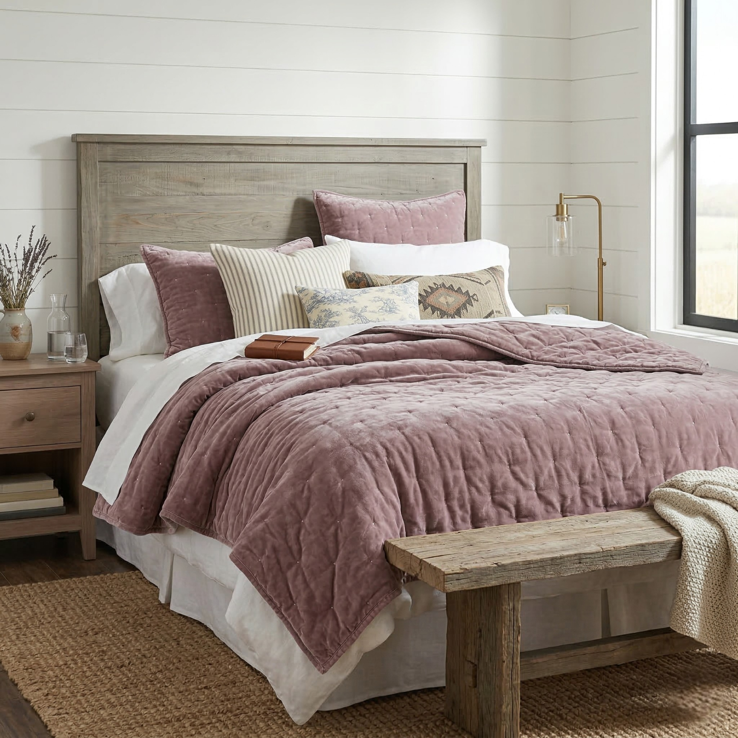 Dusty lavender plush velvet quilted bedding set by Tache, featuring a comforter, shams, and accent pillow in a warm, neutral-toned farmhouse bedroom.