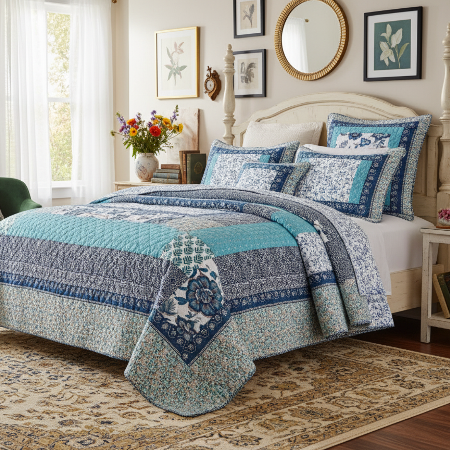 Tache Blue Elegance cotton floral patchwork quilt set in blue and white styled on a bed, JHW-657