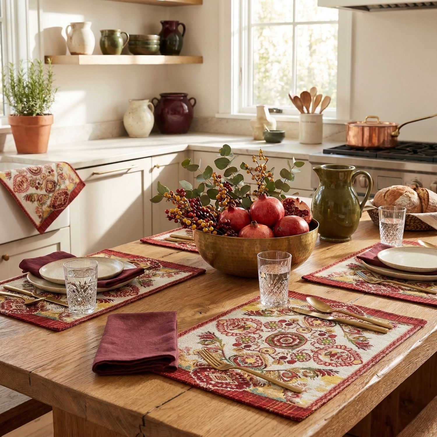 Tache Home Fashion Elegant Burgundy Ornate Paisley Woven Tapestry Placemat Set of 4 on a wooden kitchen table set for Fall and Thanksgiving