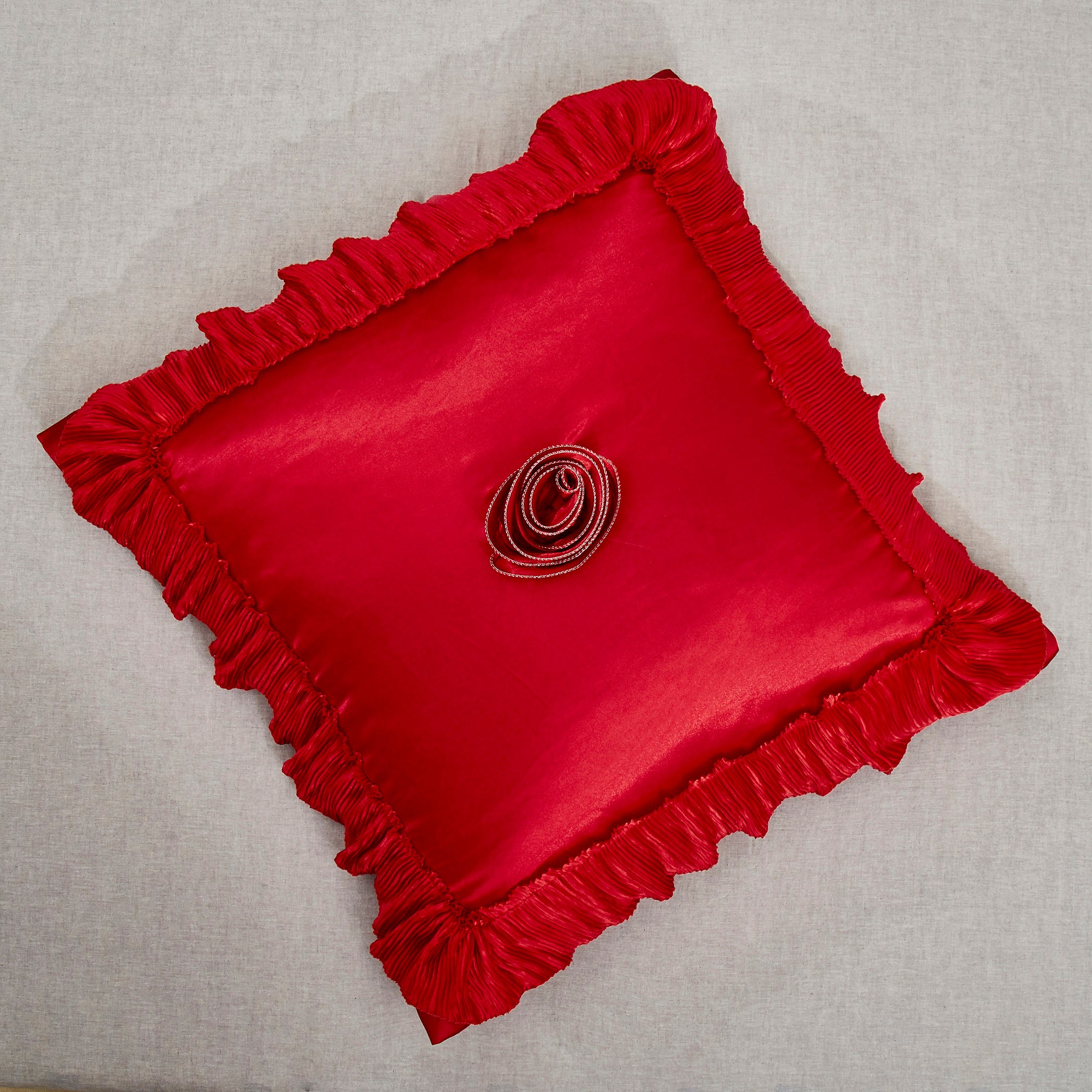 Tache Romantic Red Rose satin Euro sham with floral embellishment and pleated ruffle border, 26 x 26 inches