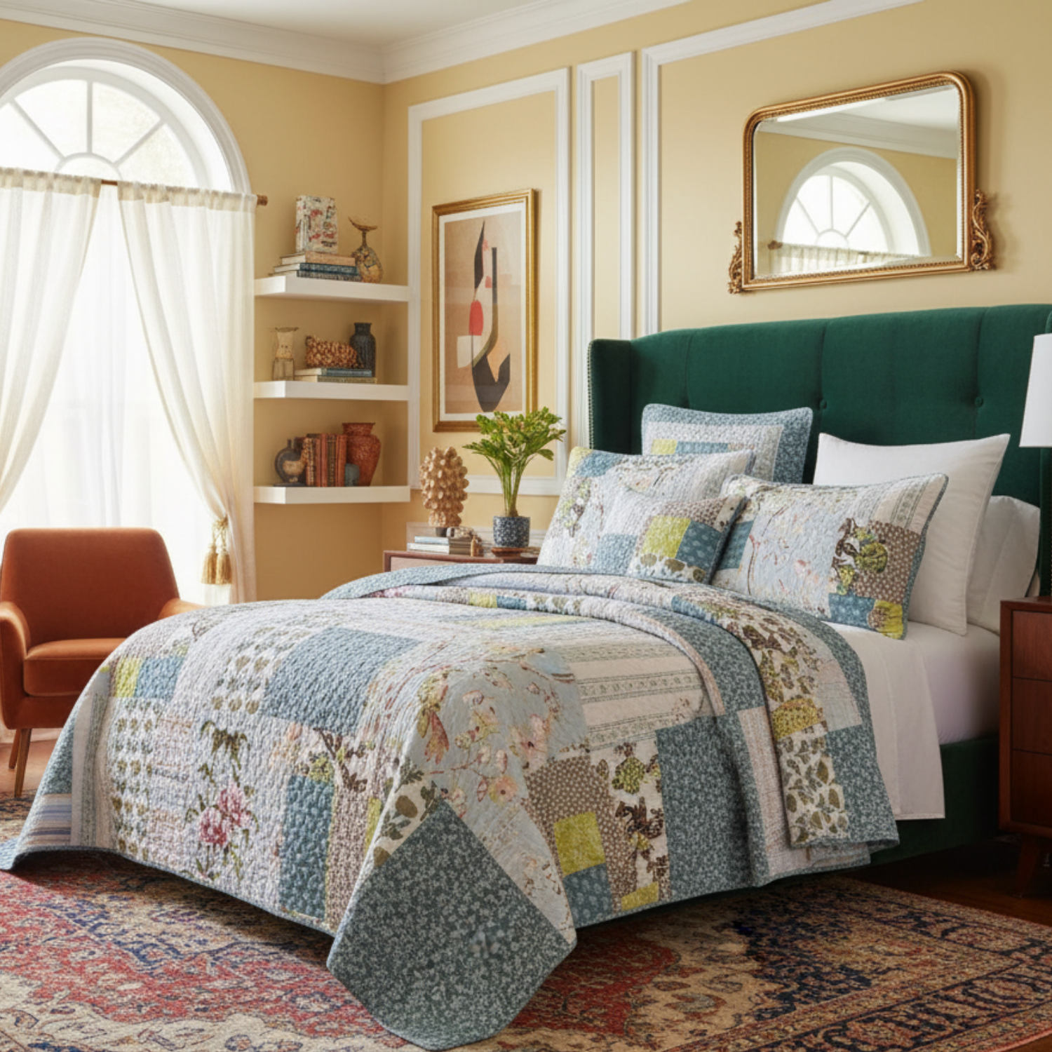 Tache Sky Breeze pastel blue cotton patchwork quilt set with plaid floral squares styled on a bed, JHW-684