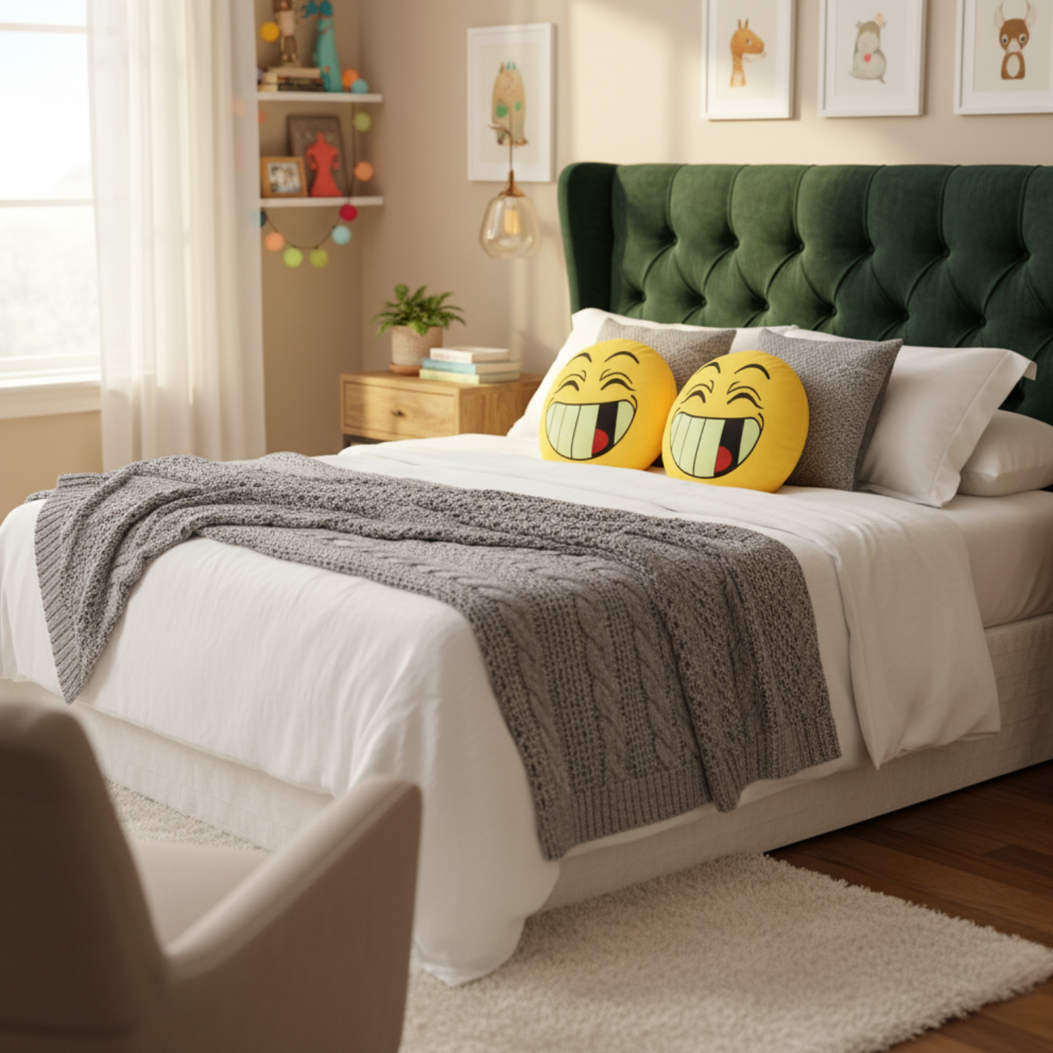 Cozy bedroom setup with a green headboard, gray blanket, and two yellow squishy laughing face microbead cushions