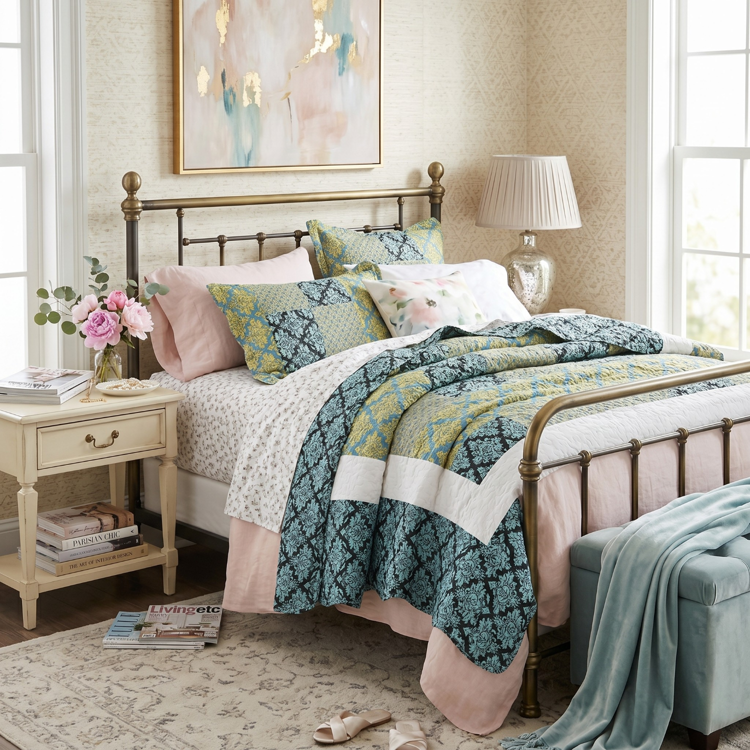 Tache Home Fashion teal, turquoise, and yellow patchwork damask quilt set featuring ornate baroque and geometric patterns with scalloped edges, styled on a metal frame bed in a bright bedroom.