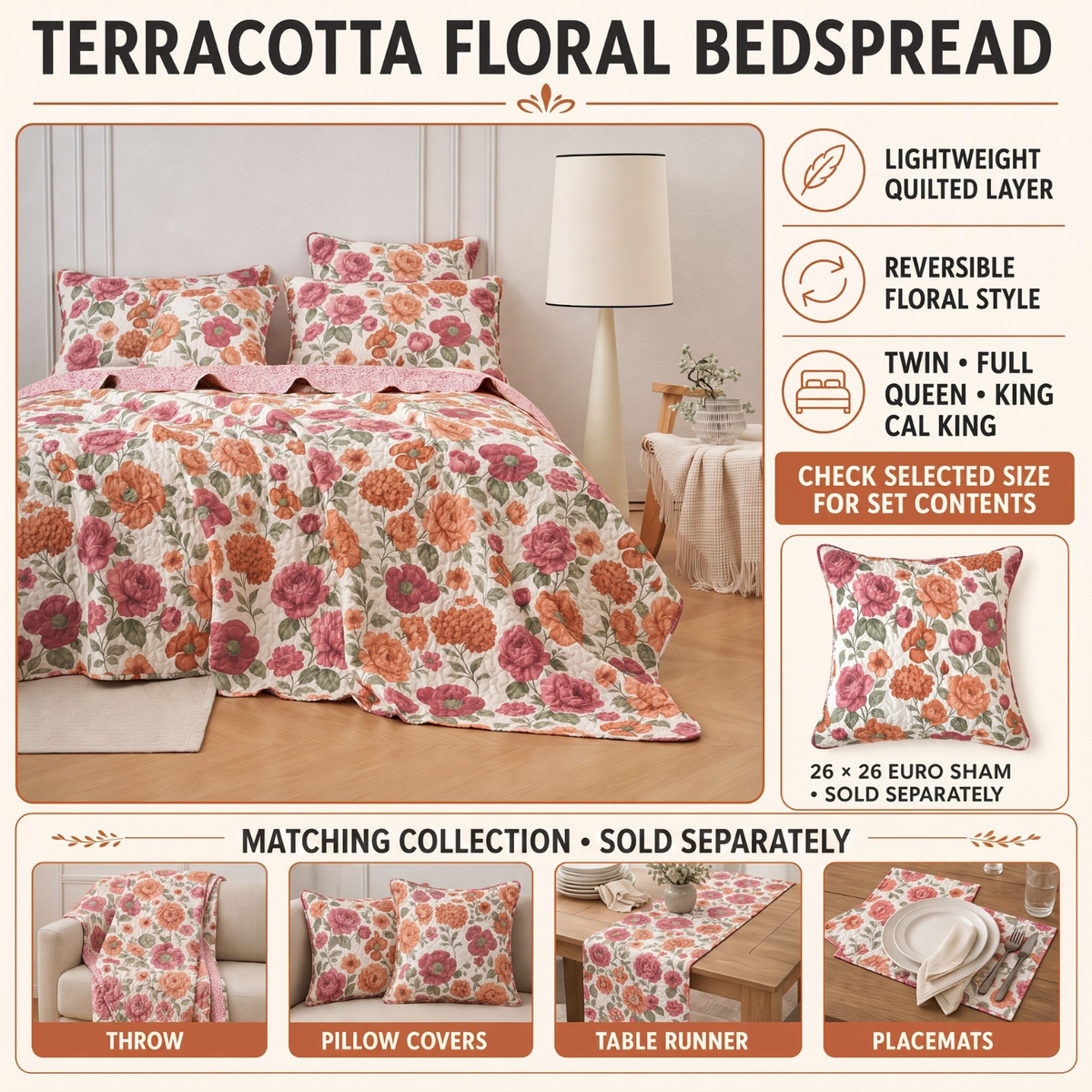 Tache terracotta floral quilted bedspread bedding set with matching pillow shams