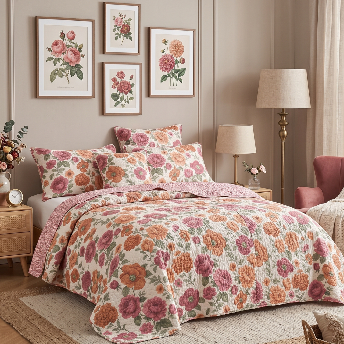 Terracotta rose floral quilt set styled on a bed in a bright farmhouse bedroom