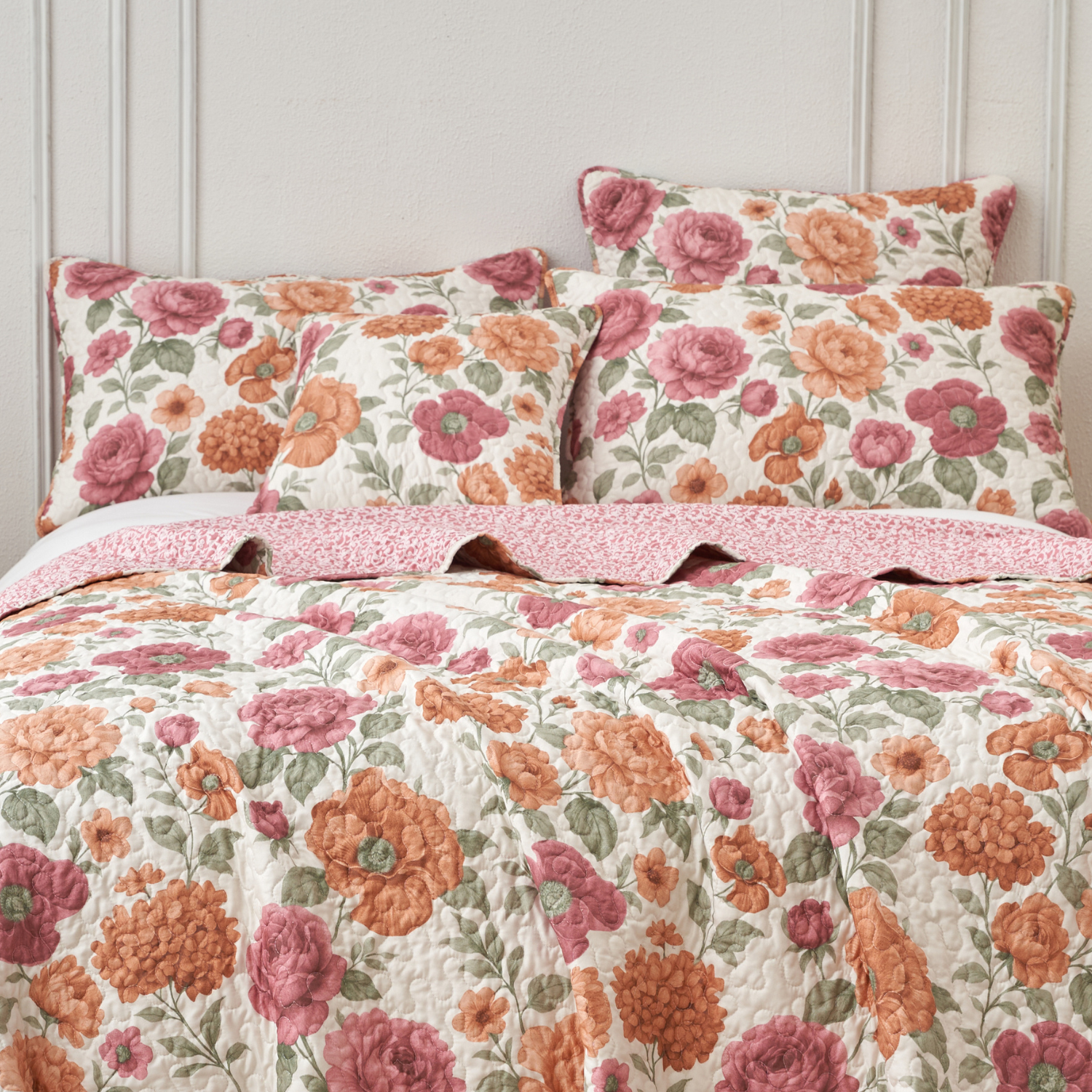 Terracotta Rose Garden floral quilted pillow shams set in ivory, dusty rose and sage green