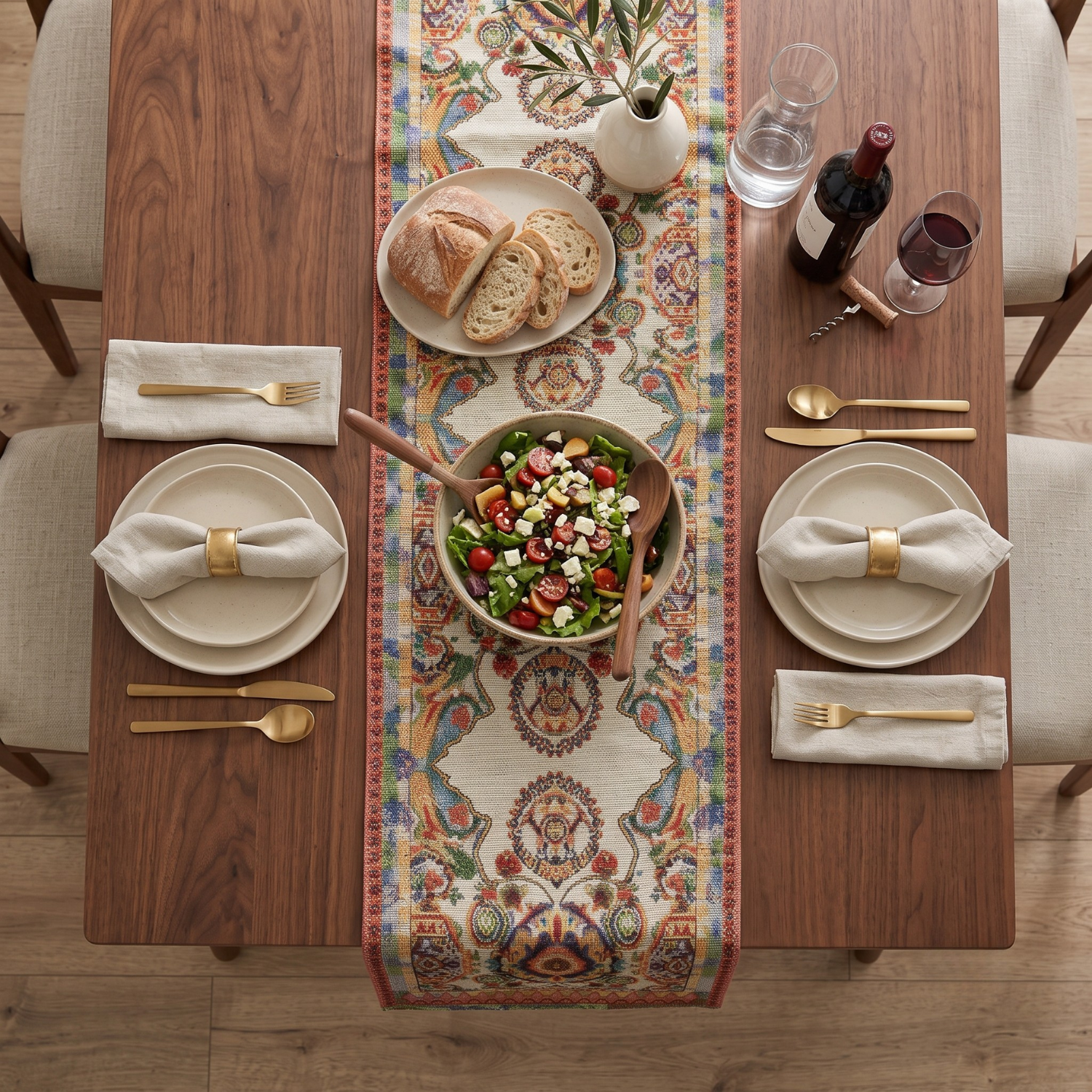 Overhead view of ivory tapestry table runner with traditional floral paisley design centered on a dinner table set with wine and salad