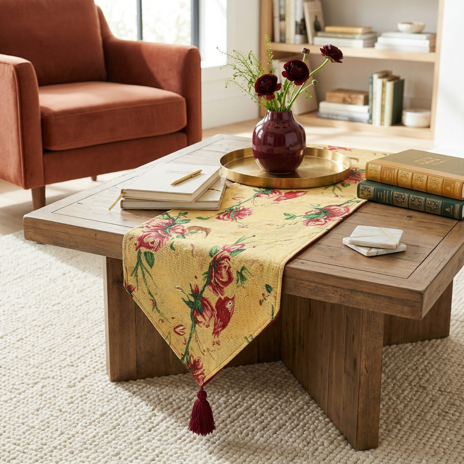 Tache golden woven tapestry table runner featuring red roses, birds, and a red tassel, displayed on a wooden coffee table in a living room.